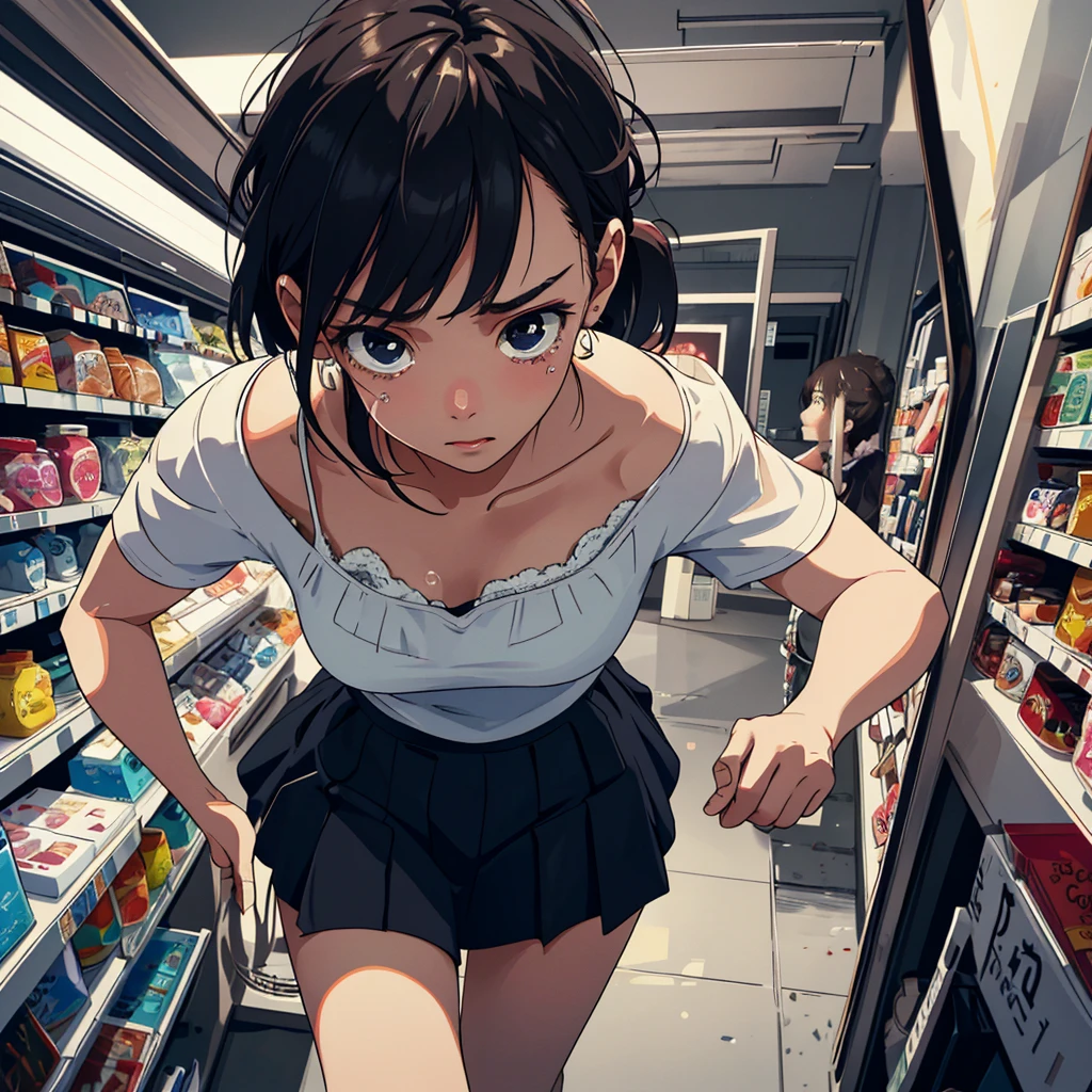 An angelic woman, dressed in a mini skirt and tube top, is frantically searching for a bathroom in a store. She appears panicked and on the verge of tears as she hobbles through the aisles, her knees locked together. The urgency in her eyes is evident as she struggles to find relief. The scene is depicted in a vivid and ultra-detailed manner, with every emotional and physical aspect captured flawlessly. The artwork portrays the woman's fear and desperation, immersing the viewer in her predicament. The lighting accentuates her features, emphasizing the anxiety and distress in her expression. The color palette is vibrant, allowing for a heightened sense of drama. The artwork is rendered with a realistic, almost photographic quality, showcasing the woman's delicate features and the texture of her clothing. The sharp focus further enhances the level of detail, showcasing the artist's skill and precision.