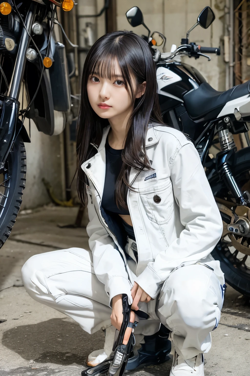 best quality, detailed, beautiful, insanely detailed, absurdres,perfect anatomy, Japanese woman,black hair,27 years old, (slender), (small breasts), (motorcycle:1.3), delightful, squatting, medium hair, (dirty white coveralls), (holding a spanner in hand:1.0), (A scene where a motorcycle is being maintained), (maintenance garage), cowboy shot, dutch angle shot