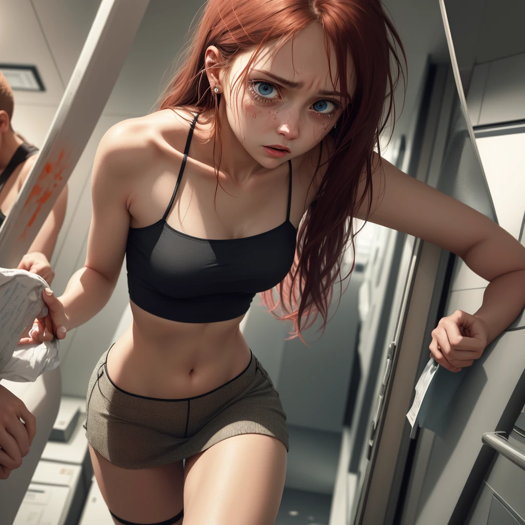 An angelic woman, dressed in a mini skirt and tube top, is frantically searching for a bathroom in a store. She appears panicked and on the verge of tears as she hobbles through the aisles, her knees locked together. The urgency in her eyes is evident as she struggles to find relief. The scene is depicted in a vivid and ultra-detailed manner, with every emotional and physical aspect captured flawlessly. The artwork portrays the woman's fear and desperation, immersing the viewer in her predicament. The lighting accentuates her features, emphasizing the anxiety and distress in her expression. The color palette is vibrant, allowing for a heightened sense of drama. The artwork is rendered with a realistic, almost photographic quality, showcasing the woman's delicate features and the texture of her clothing. The sharp focus further enhances the level of detail, showcasing the artist's skill and precision.