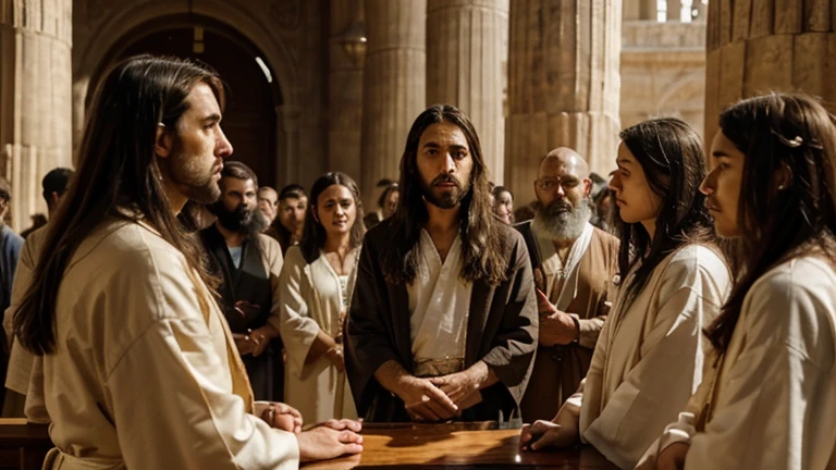 "A vivid and realistic scene depicting Jesus teaching a group of people in the temple of Jerusalem. Jesus is at the center, standing or seated in a position of authority, dressed in traditional robes, with a calm and compassionate expression. He is surrounded by hundreds of listeners, including men, women, and children, all intently focused on his words. Among them are many Jewish leaders in their traditional garments of the time, observing and listening closely. The temple's grand architecture, with its majestic columns and intricate details, forms the backdrop, highlighting the significance of the setting. The atmosphere is filled with a sense of reverence and curiosity, as people are deeply engaged in the teachings of Jesus. Sunlight filters through the openings in the temple, casting a warm glow on the scene and illuminating the faces of the attentive crowd. The overall composition captures the importance of the moment and the spiritual connection between Jesus and his followers. The image size is 16:9, providing a widescreen view of the entire scene."