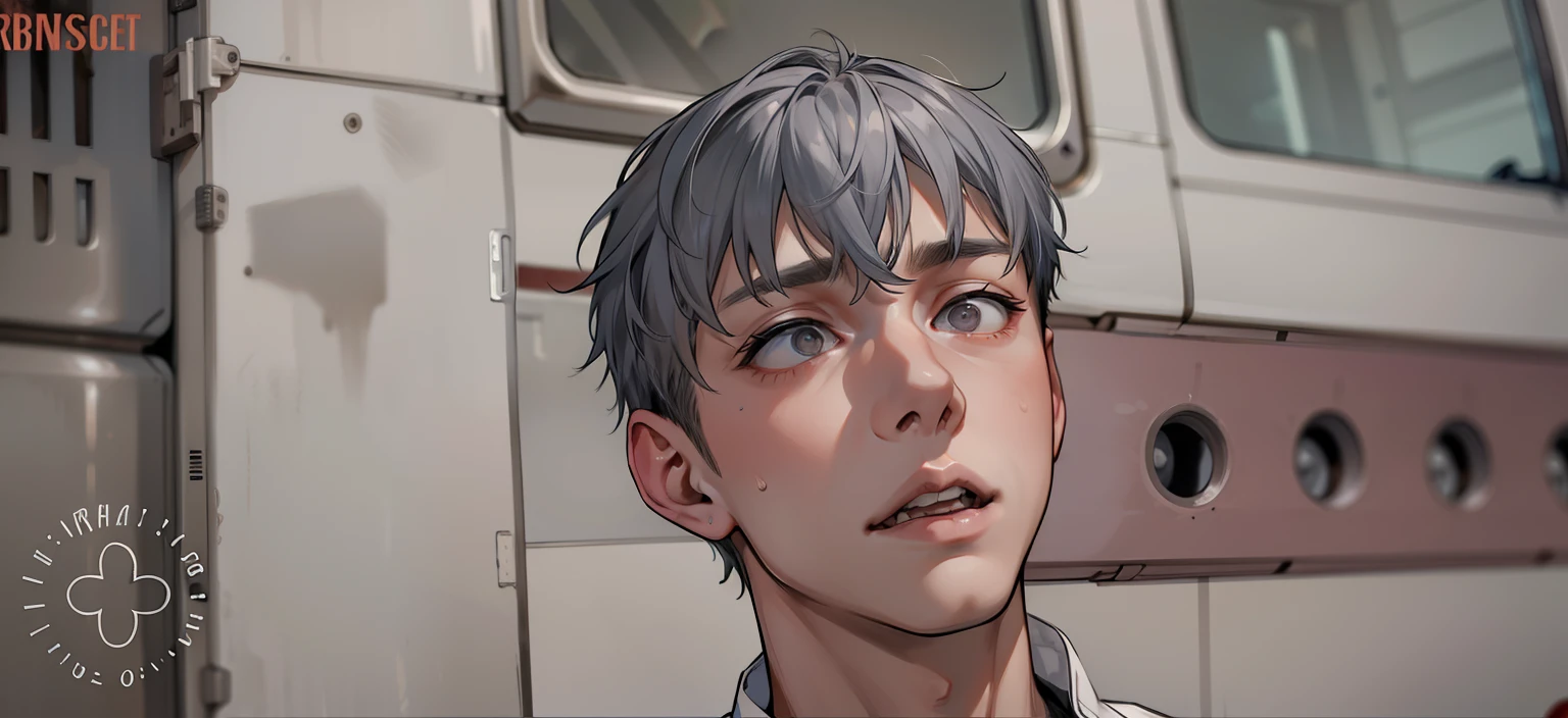 young man of 20 years old is scared worried has gray hair and gray eyes trying to save someone 