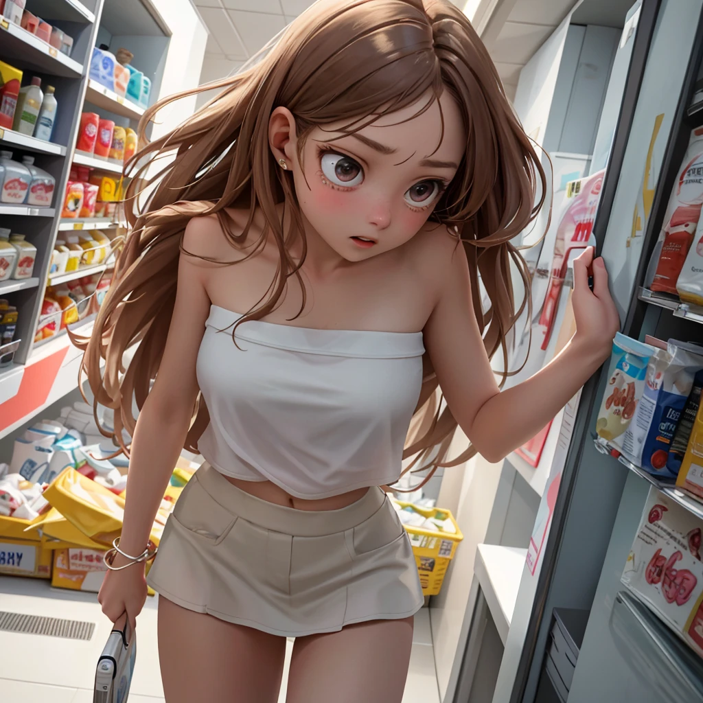 An angelic woman, dressed in a mini skirt and tube top, is frantically searching for a bathroom in a store. She appears panicked and on the verge of tears as she hobbles through the aisles, her knees locked together. The urgency in her eyes is evident as she struggles to find relief. The scene is depicted in a vivid and ultra-detailed manner, with every emotional and physical aspect captured flawlessly. The artwork portrays the woman's fear and desperation, immersing the viewer in her predicament. The lighting accentuates her features, emphasizing the anxiety and distress in her expression. The color palette is vibrant, allowing for a heightened sense of drama. The artwork is rendered with a realistic, almost photographic quality, showcasing the woman's delicate features and the texture of her clothing. The sharp focus further enhances the level of detail, showcasing the artist's skill and precision.