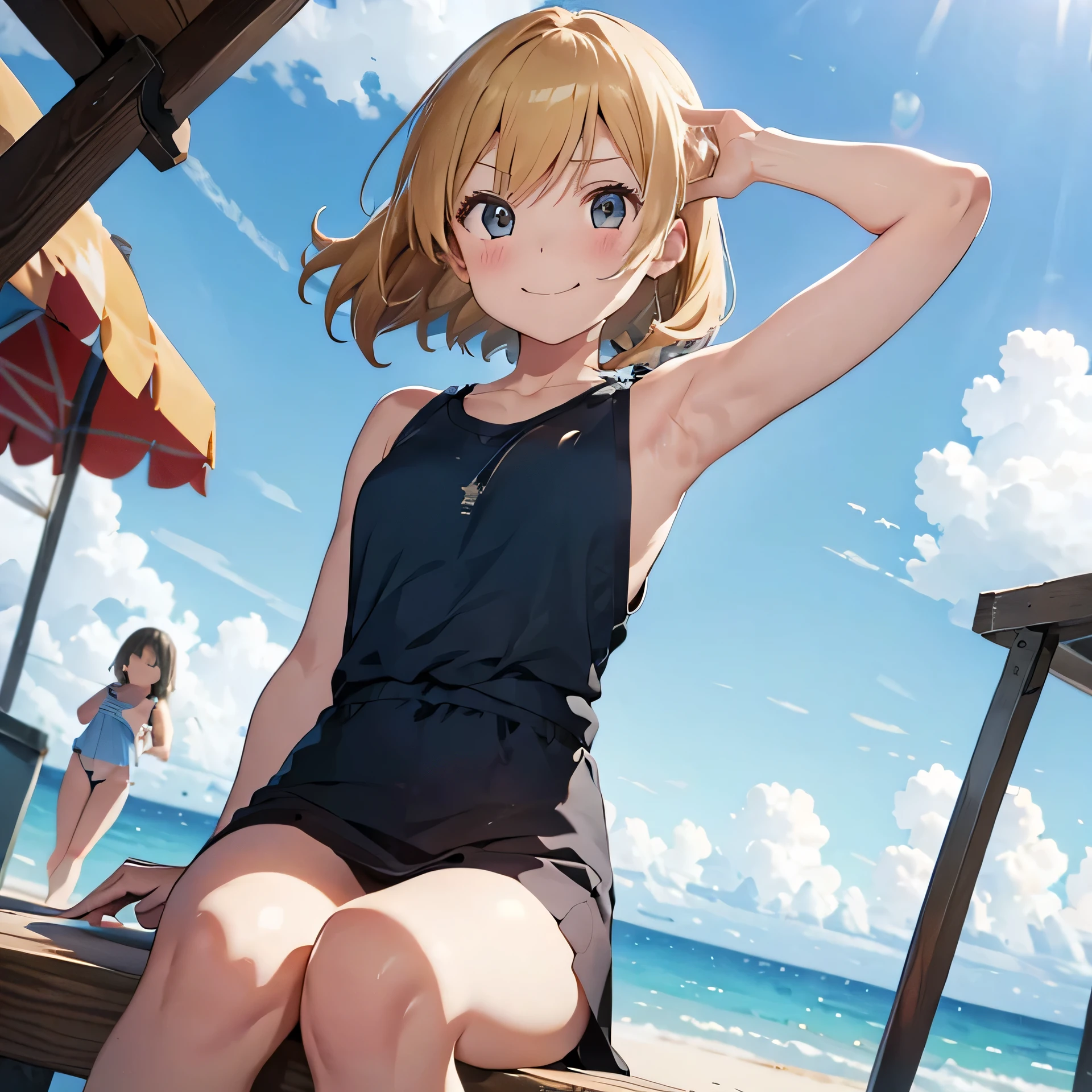 Wearing a plain yellow tank top with transparent shoulder straps and a mini skirt、A 30-year-old blonde woman with big  sits on a table on the beach、Smile and wave with your hands wide open、Nothing to wear、The background is a summer beach and blue sky、Do not cut off the head or limbs、Draw all five fingers correctly、Angle draws the sky from below