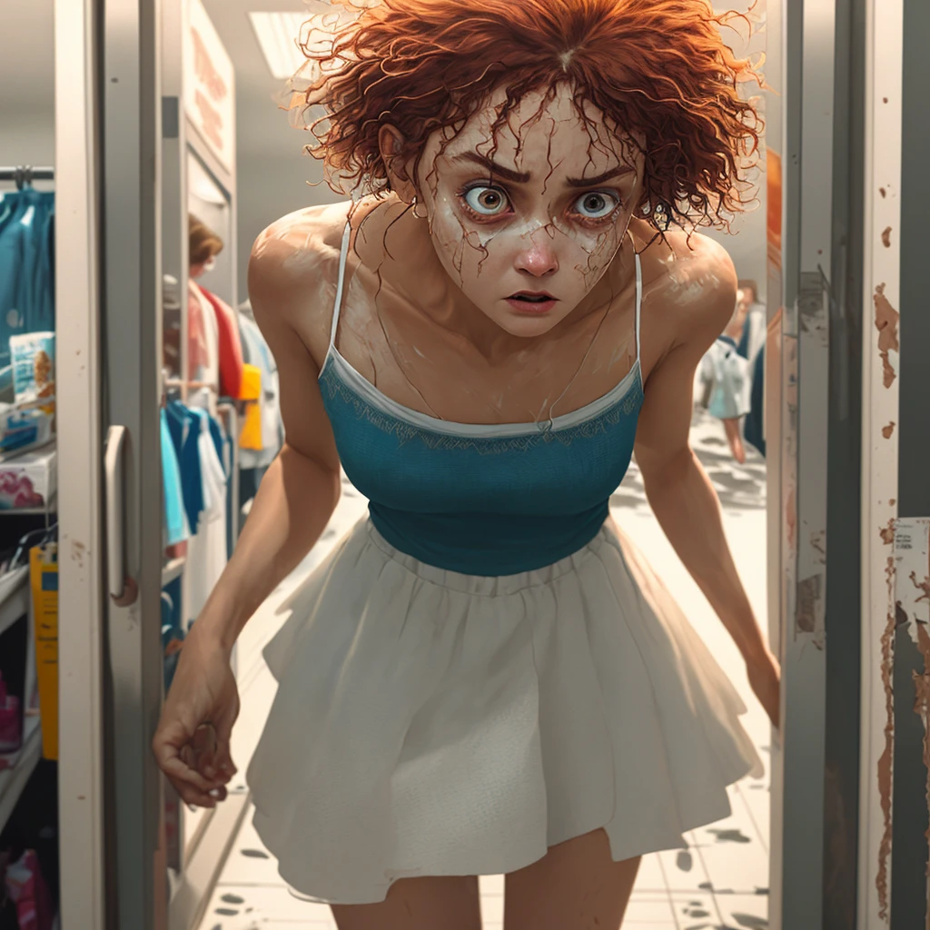 An angelic woman, dressed in a mini skirt and tube top, is frantically searching for a bathroom in a store. She appears panicked and on the verge of tears as she hobbles through the aisles, her knees locked together. The urgency in her eyes is evident as she struggles to find relief. The scene is depicted in a vivid and ultra-detailed manner, with every emotional and physical aspect captured flawlessly. The artwork portrays the woman's fear and desperation, immersing the viewer in her predicament. The lighting accentuates her features, emphasizing the anxiety and distress in her expression. The color palette is vibrant, allowing for a heightened sense of drama. The artwork is rendered with a realistic, almost photographic quality, showcasing the woman's delicate features and the texture of her clothing. The sharp focus further enhances the level of detail, showcasing the artist's skill and precision.