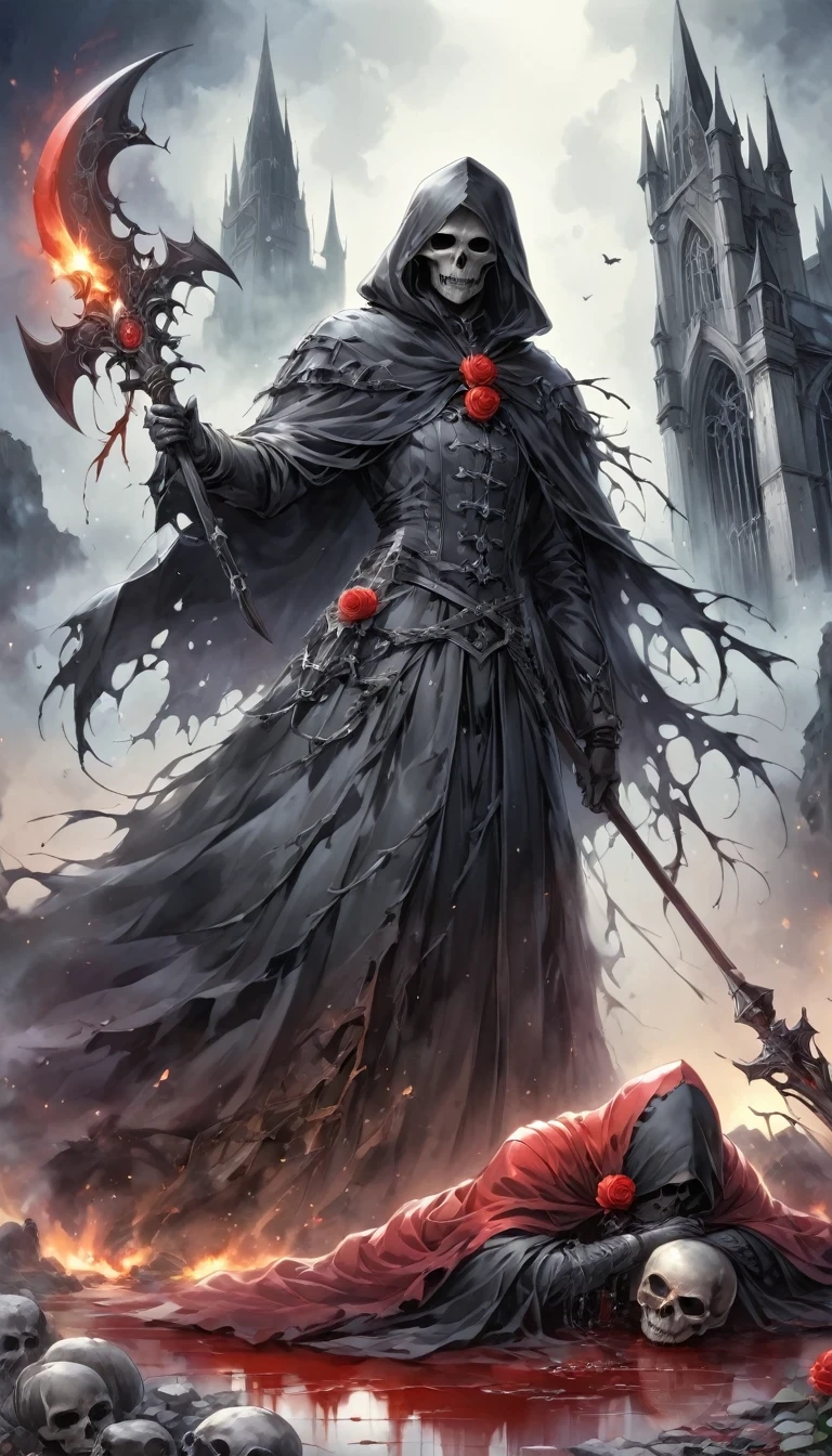 (Messenger from Hell:1.4),Grim Reaper with a giant scythe,Viewpoint from below,Dark Hell,magma,flame,(Purple flame:1.3),There is fresh Blood on the ground,Blood pool,dripping Blood,Dark Gothic Aesthetics,bat、Rose、dark castle、cross、Blood、Churchyard, etc...,These elements reflect the mysterious feeling of Gothic style.、stately、Deep Functionality。Gothic style,Gothic style,on the theme of,cloak、Rose symbolizes romance、grave、Reaper、ruins、Gothic cathedrals, etc.,Common elements of Gothic symbols。