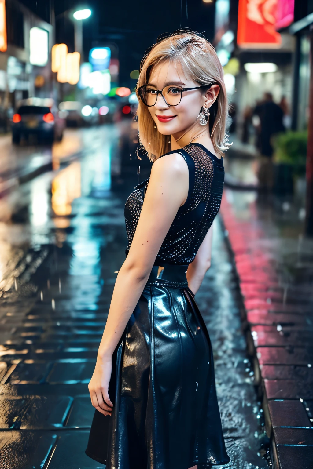 (RAW shooting, Photoreal:1.5, 8K, highest quality, masterpiece, ultra high resolution), perfect dynamic composition:1.2, Night street corner of a modern city, expression of sadness:0.3, (((Typhoon heavy rain))), Highly detailed skin and facial textures:1.2, Slim office lady wet in the rain:1.3, Japanese girl, 22 years old, Fair skin, white skin, sexy beauty:1.1, perfect style:1.2, beautiful and aesthetic:1.1, very beautiful face, water droplets on the skin, blonde hair, bowl cut hair, (rain drips all over my body:1.2, wet body:1.2, wet hair:1.3), ( Wet long skirt:1.2, Wearing wet casual clothes:1.3), (grin, lovelorn, The expression on your face when you feel intense caress, Facial expression when feeling pleasure), (beautiful black eyes, Eyes that feel beautiful eros:0.8), (Too erotic:0.9, Bewitching:0.9), necklace, earrings, bracelet, (wear glasses), (go up the stairs:0.7, View from directly below:0.7), (Look back at the camera:1.4),back, hip,