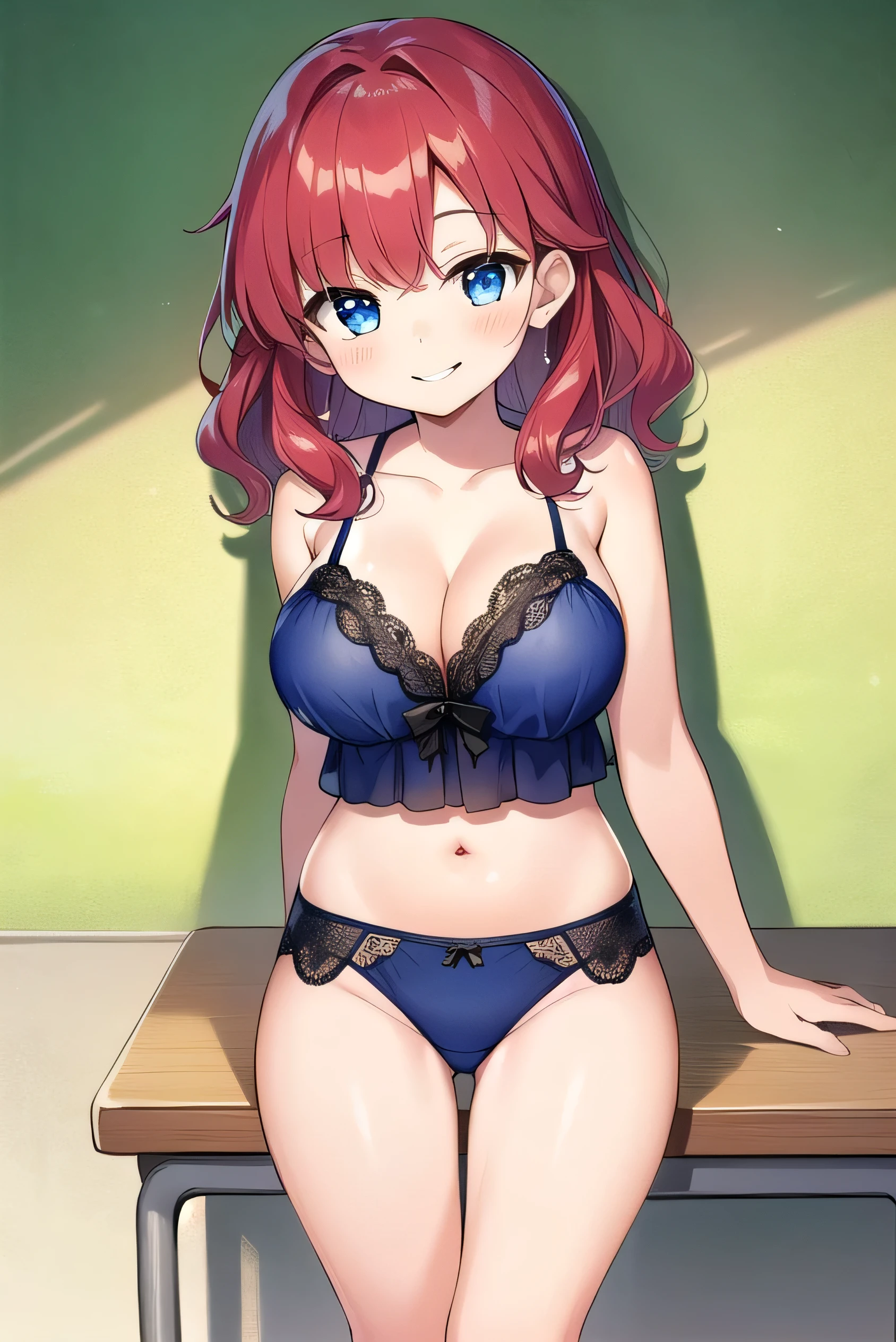 Big breasts, red hair, blue eyes, droopy eyes, elementary school student, super big breasts, (medium hair: 1), elementary school student, young face, short height, , shy , smiling a little, soft hair,Silk Lingerie Set