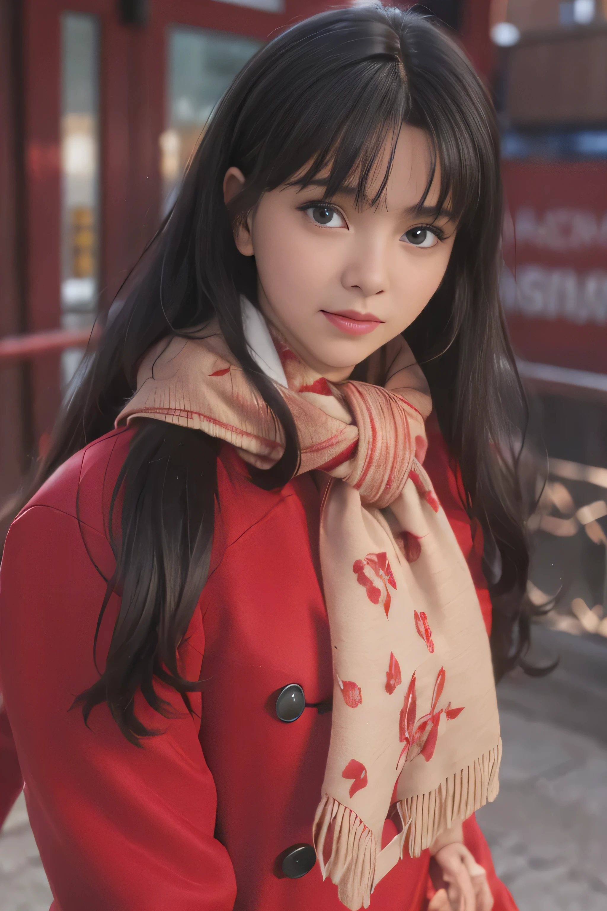 masterpiece, best quality, (realistic,photo-realistic:1.4), (RAW photo:1.2), extremely detailed CG unity 8k wallpaper, delicate and beautiful, amazing,finely detail, official art, absurdres, incredibly absurdres, huge filesize, ultra-detailed,extremely detailed eyes and face,light on face,tohsaka rin,(little smile),(black hair:1.4),(very long hair:1.6),(wearing red coat :1.5),city background,wearing scarf