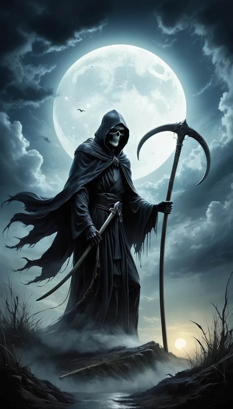 (masterpiece, best quality: 1.2), Grim Reaper with a giant scythe,, moonlight, partly cloudy, Dark fantasy illustration style, Dark Arts, High contrast, Dark Shadows, Atmospheric perspective , Melancholic colors, Thin Film Component, Volumetric Lighting, number, Stroke, Dramatic Lighting, Low Angle, Surrealism, Super detailed, Surrealism