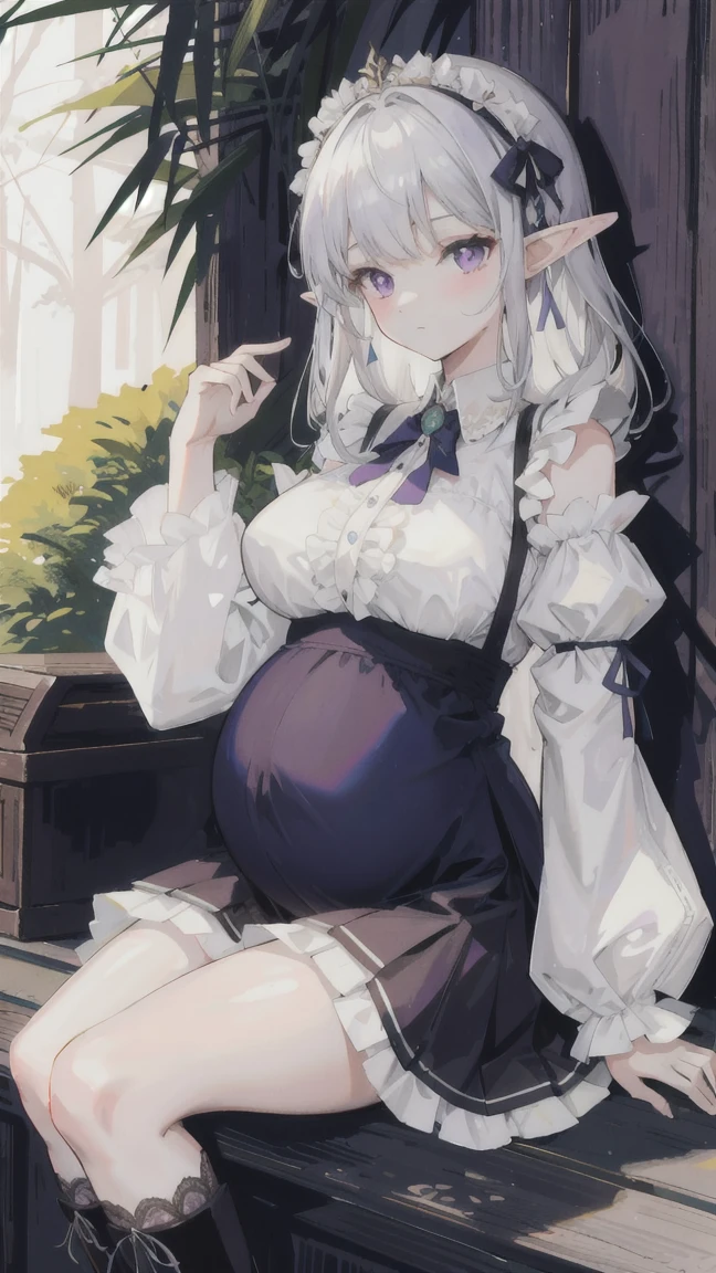(masterpiece), best quality, high resolution, Very detailed, Detailed background, Light, outdoor, 1 girl, Elf, Medium Length Hair, Silver Hair, Cross bangs, Purple Eyes, Large Breasts, White shirt, 黑skirt, Exaggerated hair accessories, skirt, decorate, Lace, Ruffled sleeves, frilled skirt, Thigh high, Ankle boots,,pregnant belly,pregnant