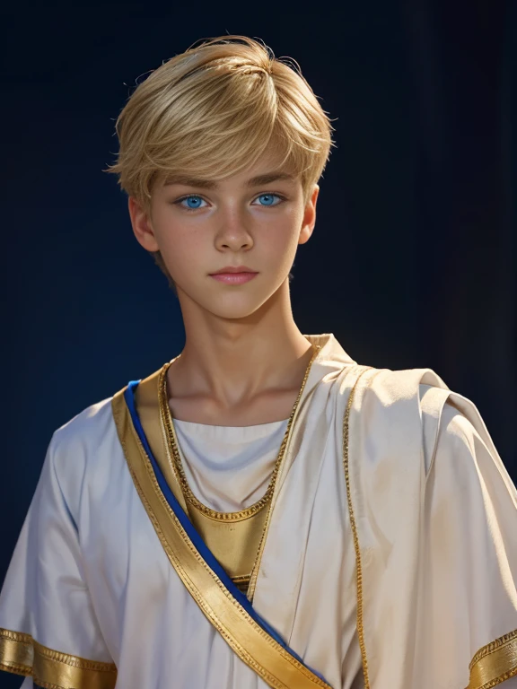 Portrait, 1boy, 17 years old, wears Greek toga, ancient Greece, handsome, Greek model, blonde boy, blue eyes, symmetrical, focus on the boy, medium shot, slim but defined body, looking at the camera, film grain, young god greek, beauty