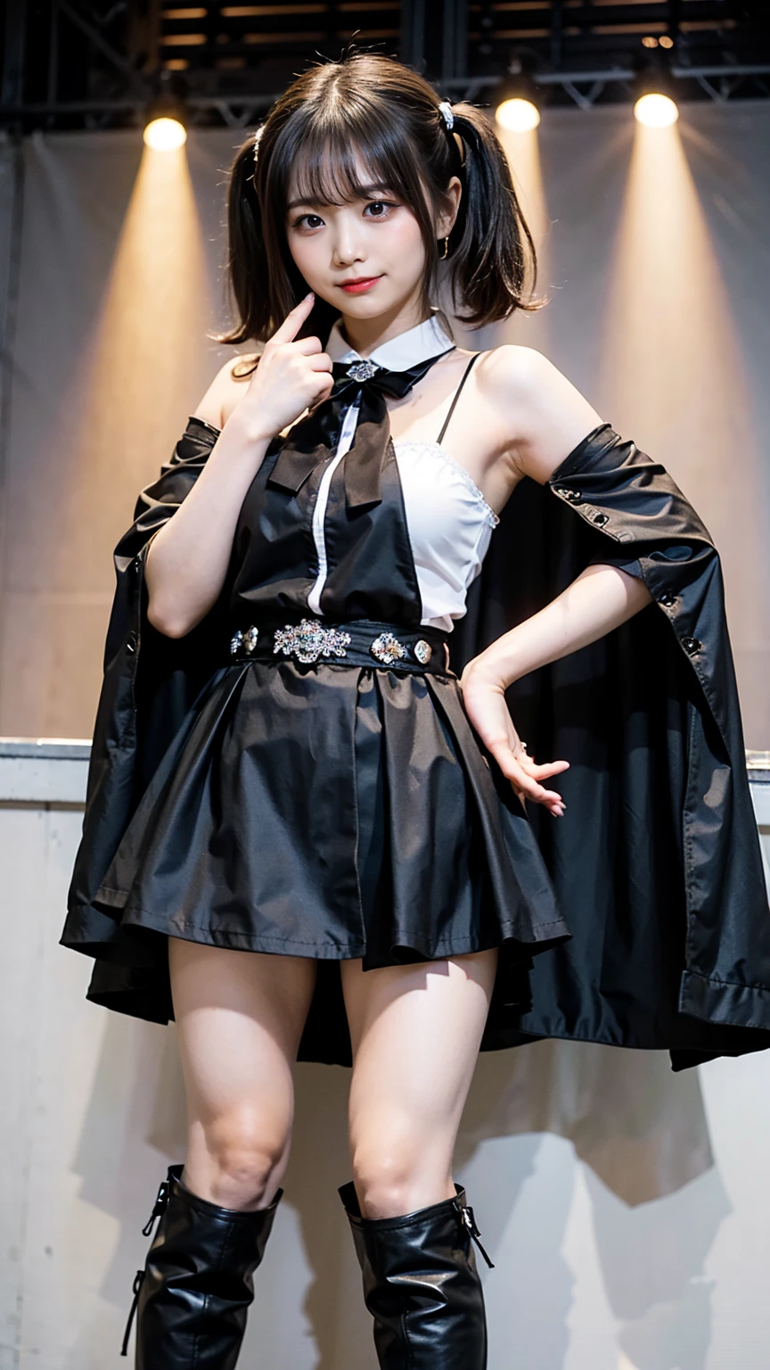 (8k、RAW Photos、highest quality、masterpiece:1.2)、(Realistic、Realistic)、1 girl、((Black and pink dress、belly button、Pink ee-through、Big Breasts、View from the front、stage、Spotlight、Twin tail hair、smile、Bustier、pants、Cape、smile、whole body、short boots、Standing with hands on hips))、Lots of eyelashes、Glowing eyelids、skeletally correct