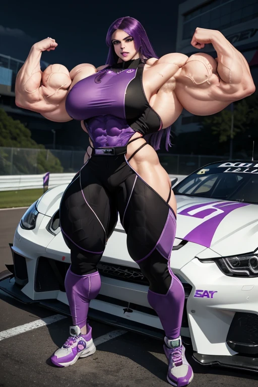 (((((Massive, tall, beautiful, pale white skinned, buff, muscular woman with violet purple hair, black lipstick, ginormous bulky muscles and wearing a violet purple race pilot suit with pants))))), (close view), (massive muscles), massive biceps, hyper muscle shoulders, vascular shoulders, hyper muscle triceps, (long hair with long bangs), black eyes, (racing gloves), choker, sneakers, (next to a race car in a racetrack), confident smile, night, hyper vascular arm, hyper muscles arms, hyper muscle legs, massive arms.