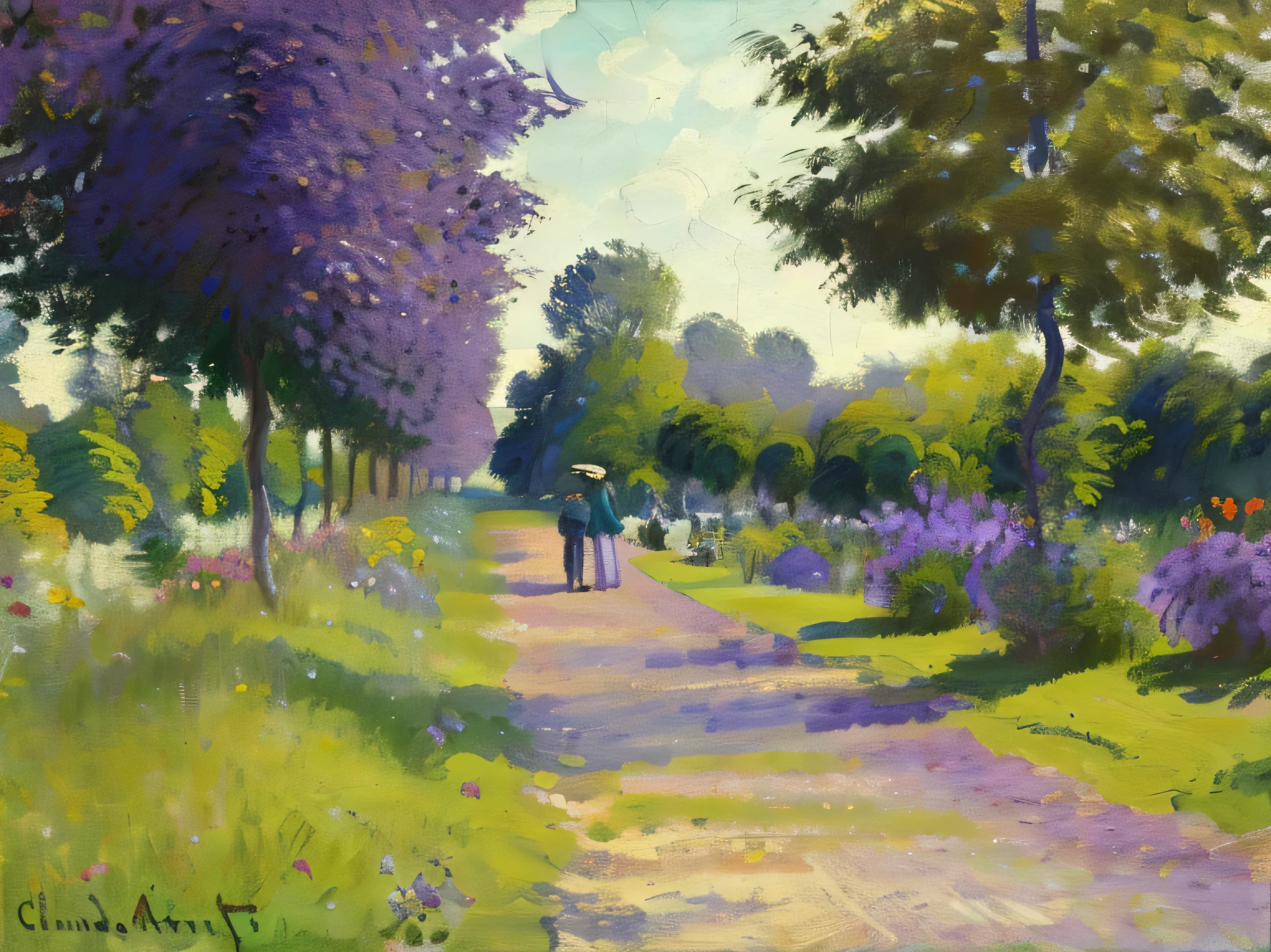 Paint me a big picture, An impressionist painter depicts a couple dressed in 19th-century style walking in a French public garden，The garden has a bandstand and benches, Inspired by the work of Claude Monet, No Trees. The main colors are green and purple, Big Sky，A few white clouds.