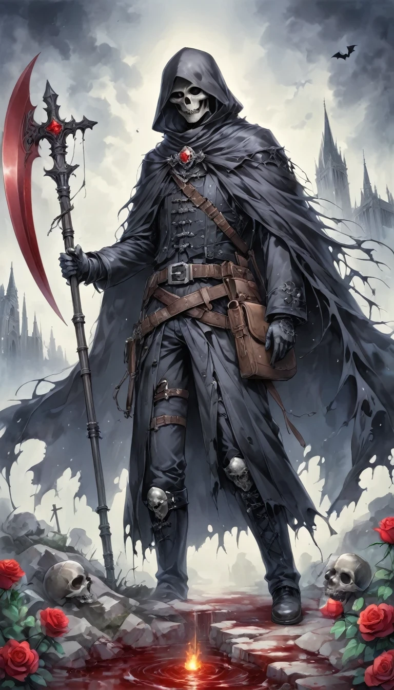 (Messenger from hell:1.4),Grim Reaper with a giant scythe,Viewpoint from below,hell,magma,flame,(Purple flame:1.3),There is fresh Blood on the ground,Blood pool,dripping Blood,Gothic aesthetics,bat、Rose、castle、cross、Blood、Churchyard, etc...,These elements reflect the mysterious feeling of Gothic style.、stately、Deep Functionality。Gothic style,Gothic style,on the theme of,cloak、Rose symbolizes romance、grave、Reaper、ruins、Gothic cathedrals, etc.,Common elements of Gothic symbols。