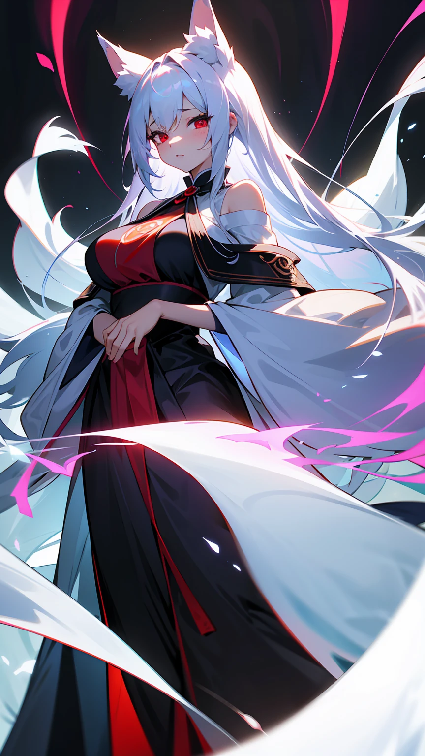 A realm of unparalleled visual fidelity、Experience 8K masterpieces in the highest resolution and ultra-fine detail。The background is pitch black。A beautiful woman in an off-the-shoulder shrine maiden costume is speaking to me.。Her long flowing white hair flows down to her shoulders.。It highlights her captivating red eyes that seem to glow with a magical light.。The glowing skin of her face reflects the light..。Enhances every wrinkle and curve。The contrast between her large breasts and her delicate outfit is unique..、It exudes a mysterious atmosphere。The big white fox ears and tail are very beautiful.、It moves beautifully according to your emotions.。She is opening her mouth to give me commentary.。Her beautiful charm stands out。