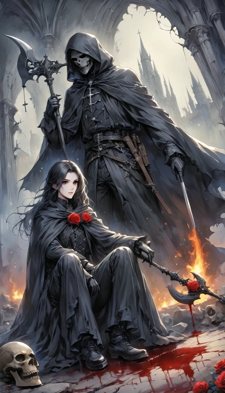（Messenger from hell：1.4），Grim Reaper with a giant scythe，Viewpoint from below，hell，magma，flame，（Purple flame：1.3），There is fresh Blood on the ground，Blood pool，dripping Blood，Gothic aesthetics,bat、Rose、castle、cross、Blood、Churchyard, etc...，These elements reflect the mysterious feeling of Gothic style.、stately、Deep Functionality。Gothic style，Gothic style，on the theme of，cloak、Rose symbolizes romance、grave、Reaper、ruins、Gothic cathedrals, etc.,Common elements of Gothic symbols。
