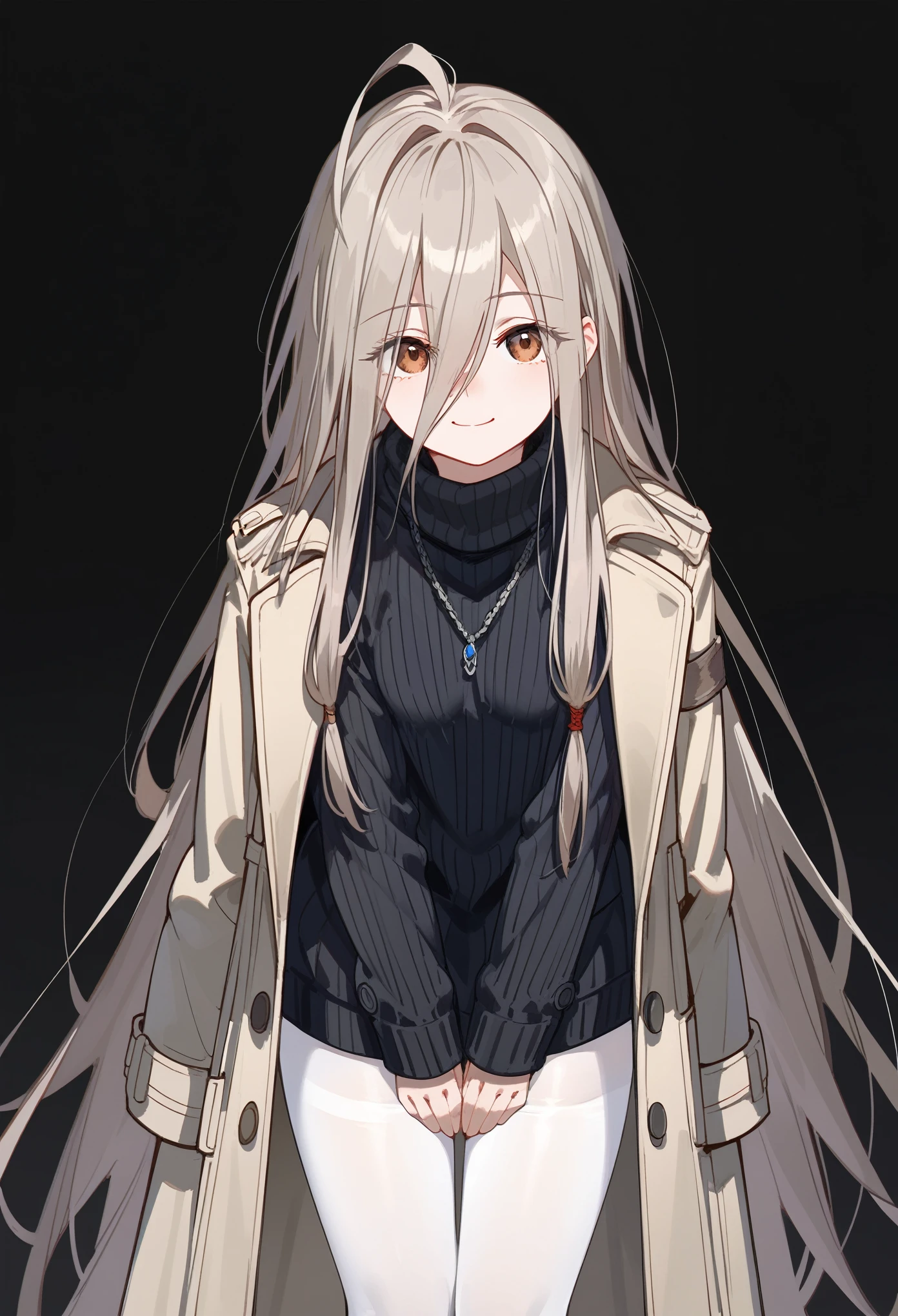 (score_9, score_8_up, score_7_up), 1girl, solo, sense \(sousou no frieren\), brown eyes, very long hair, absurdly long hair, hair between eyes, eyes visible through hair, small breasts, black sweater, turtleneck sweater, trench coat, (coat on shoulders), white pantyhose, hands between thighs, leaning forward, standing, tilted head, small smile, closed mouth, looking at viewer, black background, simple background,