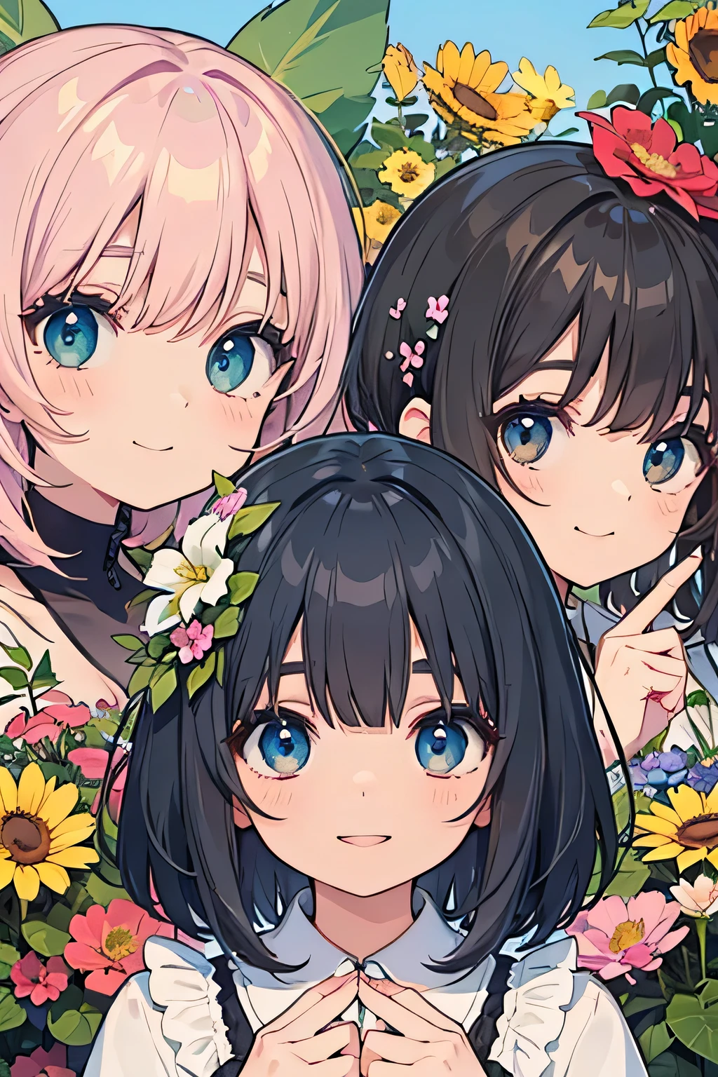 highest quality、High resolution、Detailed Background、(Beautiful face in every detail:1.4)、Anatomically correct、(Draw the usual number of fingers:1.2)、(Detailed facial expressions)、(Detailed eyes:1.2)、(Detailed eyes:1.2)、Beautiful, smooth skin、Teenage beauty、(Highly detailed face:1.4)、cute hair color、Braided Ponytail、Braided bob cut、cute hairstyle、well-groomed eyebrows、Cute gestures、Fits in one screen、
(Three beautiful girls having fun together with big smiles:1.5)、
At the Flower Camp you can pick your own flowers and enjoy them.、
Participants can explore the flower fields and gardens and pick their favorite flowers in areas permitted at the campground or flower fields.、
You can touch fresh flowers and enjoy their beauty and fragrance.、
Flower camps sometimes include flower arranging experiences.、
Participants can create their own original flower arrangements using flowers they picked themselves or the floral materials provided.、
Enjoy the fun of arranging flowers according to your own taste and sensibility.、cute