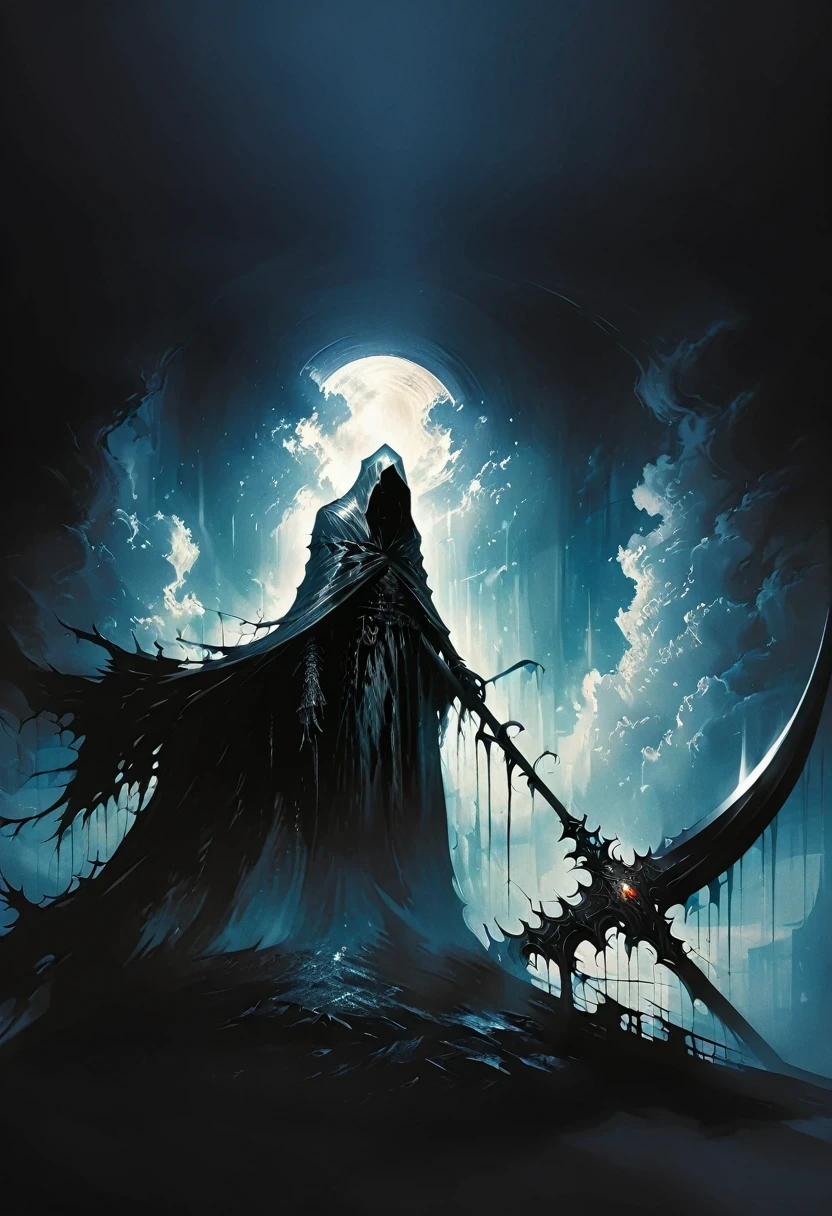 (masterpiece, best quality: 1.2), Grim Reaper with a giant scythe,, moonlight, partly cloudy, Dark fantasy illustration style, Dark Arts, High contrast, Dark Shadows, Atmospheric perspective , Melancholic colors, Thin Film Component, Volumetric Lighting, number, Stroke, Dramatic Lighting, Low Angle, Surrealism, Super detailed, Surrealism