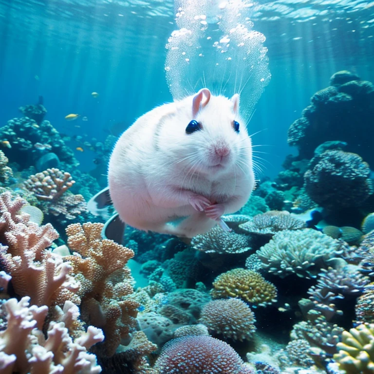 Diver Hamster:Hamster looking at coral in the ocean。