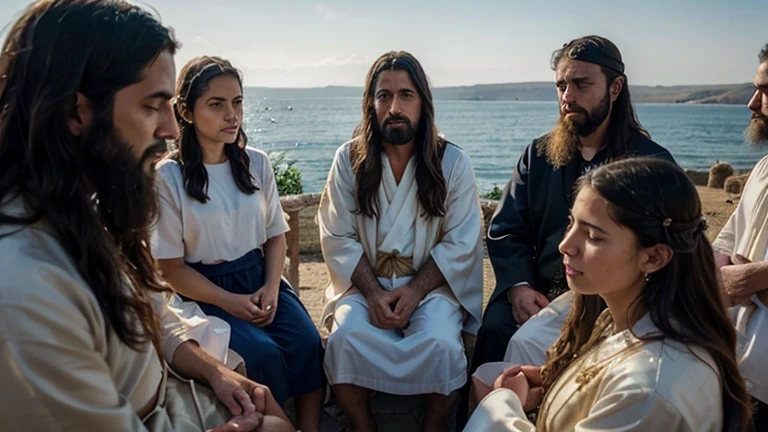"A vivid and realistic scene depicting Jesus teaching a group of people by the shore of the Sea of Galilee. Jesus is at the center, standing or seated in a position of authority, dressed in traditional robes, with a calm and compassionate expression. He is surrounded by hundreds of listeners, including men, women, and children, all intently focused on his words. Among them are many Jewish leaders in their traditional garments of the time, observing and listening closely. The serene waters of the Sea of Galilee form the backdrop, with gentle waves lapping at the shore and a clear blue sky overhead. The atmosphere is filled with a sense of reverence and curiosity, as people are deeply engaged in the teachings of Jesus. Sunlight casts a warm glow on the scene, illuminating the faces of the attentive crowd. The overall composition captures the importance of the moment and the spiritual connection between Jesus and his followers. The image size is 16:9, providing a widescreen view of the entire scene."