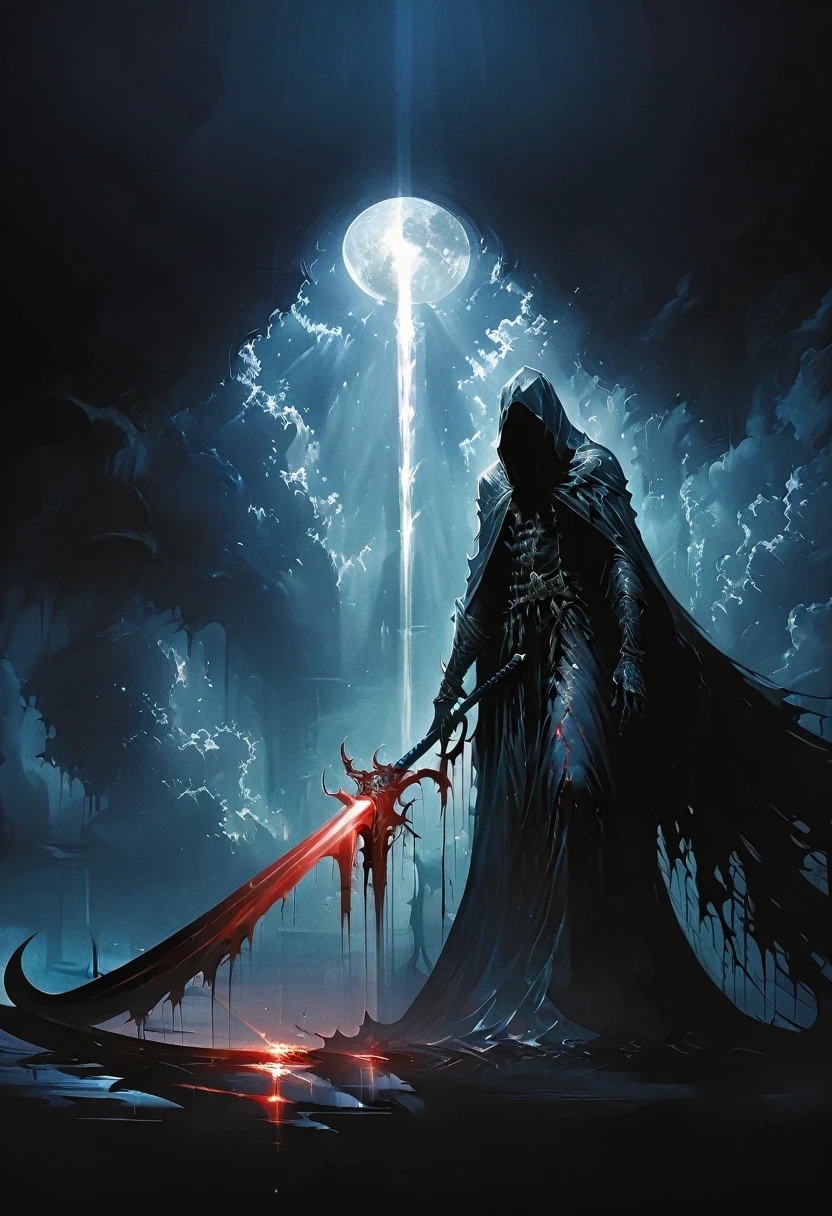 (masterpiece, best quality: 1.2), Grim Reaper with a giant scythe，, moonlight, partly cloudy, Dark fantasy illustration style, Dark Arts, High contrast, Dark Shadows, Atmospheric perspective , Melancholic colors, Thin Film Component, Volumetric Lighting, number, Stroke, Dramatic Lighting, Low Angle, Surrealism, Super detailed, Surrealism