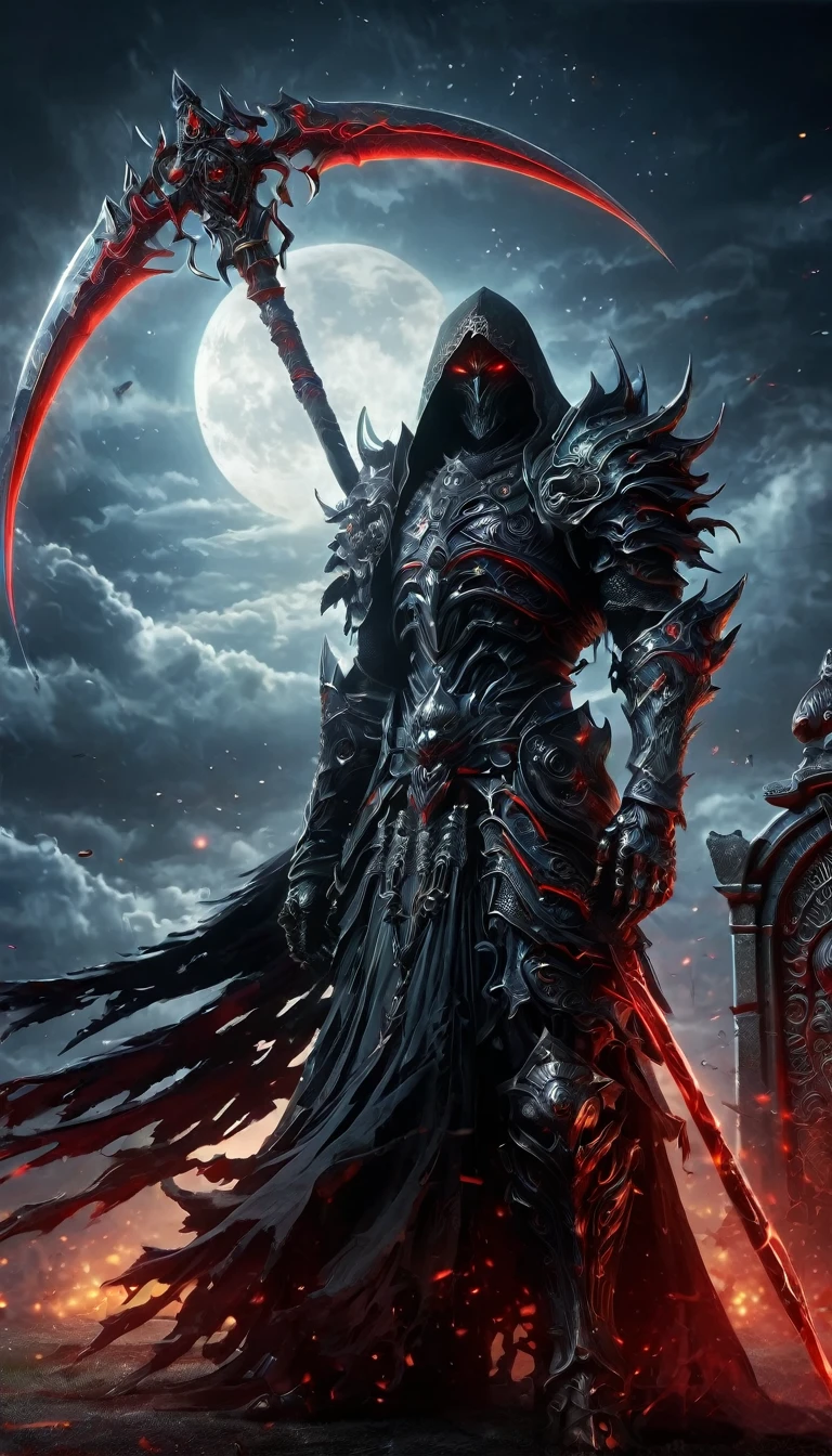 highres,ultra-detailed,sharp focus,photorealistic,samurai grim reaper,skeleton in samurai armor,glowing red eyes,menacing aura,dark and eerie atmosphere,deadly katana,sinister scythe,skeletal features,haunting presence,ominous shadows,misty graveyard background,ancient samurai helmet and mask,tattered and worn samurai armor,flowing black robe,dramatic pose,foreboding clouds,moonlit night,crimson blood splatters,battle scars,decaying flesh,martial arts stance,ethereal energy,spiritual power,evil spirit,death personified,vengeful soul,unsettling grimace,mythical warrior,legendary specter,cold metallic armor texture,fearsome warrior of the afterlife,unseen forces,eternal guardian of the underworld,supernatural strength,demonic symbol,ancient runes,ceremonial sword,ghostly figure,layered kimono,moonlit samurai,ghost warrior,wispy hair,shadowy presence,foreboding figure