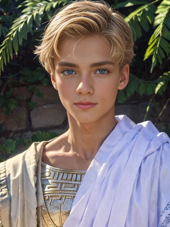 Portrait, 1boy, 18 years old, wears Greek toga, ancient Greece, handsome, Greek model, blonde boy, blue eyes, symmetrical, focus on the boy, medium shot, slim but defined body, looking at the camera, film grain, young god greek, beauty