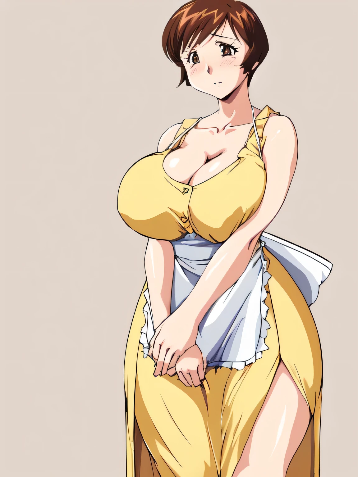 masterpiece, highest quality, High resolution, One girl, alone, alone, short hair, etsukoto, Fine grain, Fine grain, (((Thick thighs, Plump thighs, Voluptuous thighs, Enough thighs))), Big and ample breasts, Cleavage, Huge long breasts, Naughty big,((Big breasts are important))、((Naughty thighs)), L Cup, (thin:1.4),(Narrow waist:1.4),  (Perfect beautiful yellow dress:1.4), ((white waist apron)), Embarrassed look, (((Simple Background))), White panties, ((Wide Hips)), Shiny, oily skin, Mature mother, Calf, Seductive mature woman, Perfect body, Plus Size Model, etsukoto, blush, clavicle, retro artstyle, 1990s (style), ((covering breast by hand, facing down)),