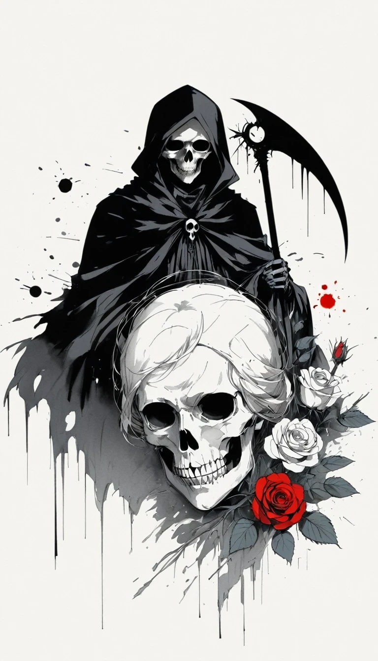 (Anime line drawing:1.5)，grim Reaper，(Black and White:1.45)，Minimalism，(Line Art:1.6)，sketch，charcoal drawing，Black Grim Reaper，Rose，Ominous Red，Blood splatter，sickle
