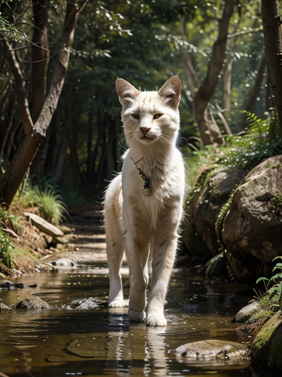 a wild cat with white fur stands on its hind legs dressed in pants and a sleeveless vest, Charming smile, In the forest in a clearing, a stream flows