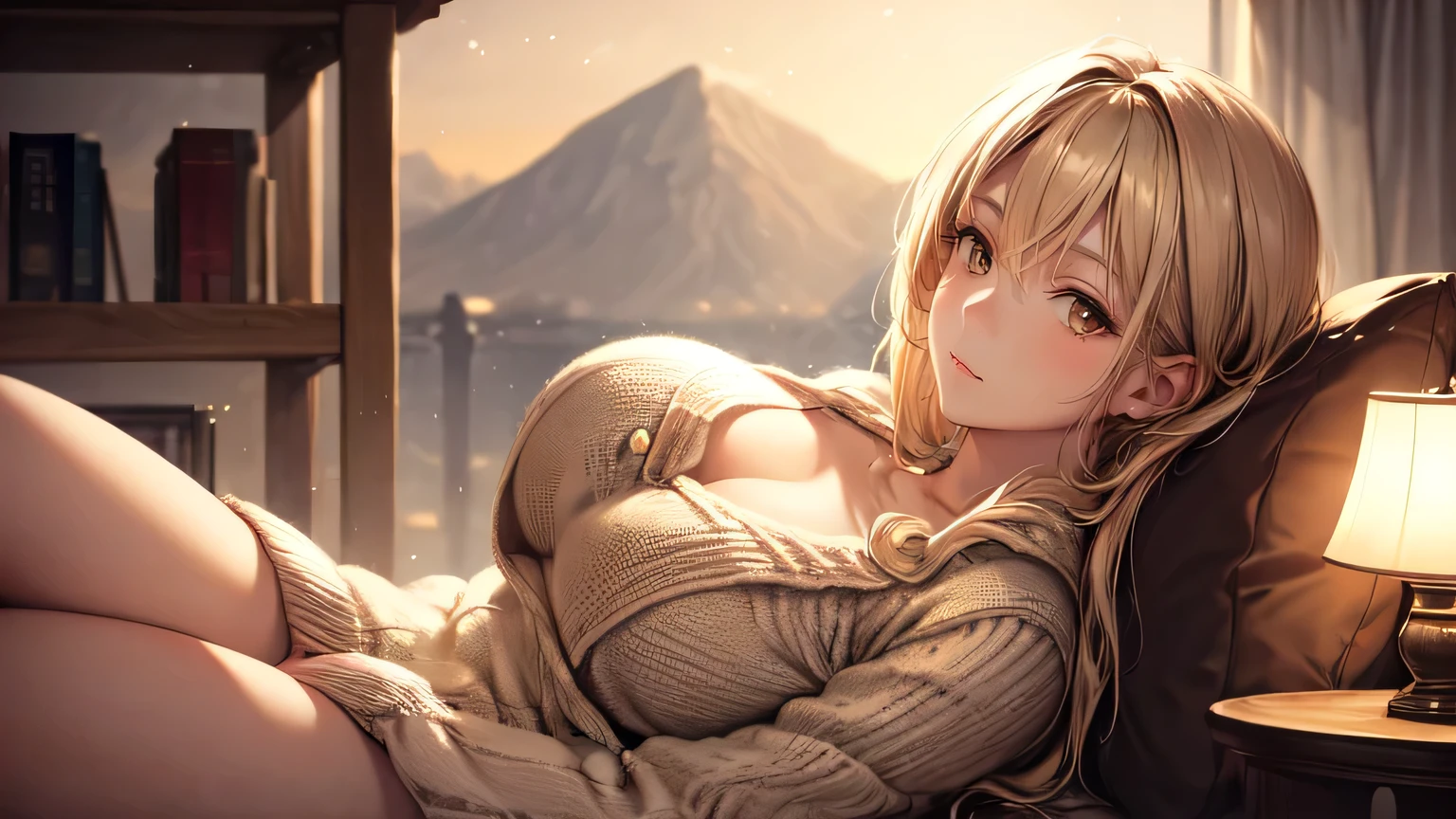 masterpiece, highest quality, One woman, Nighttime relaxation, quiet, peaceful, comfortable, relax, Fluffy knit cardigan, Warm lighting,Sepia,Big Breasts,