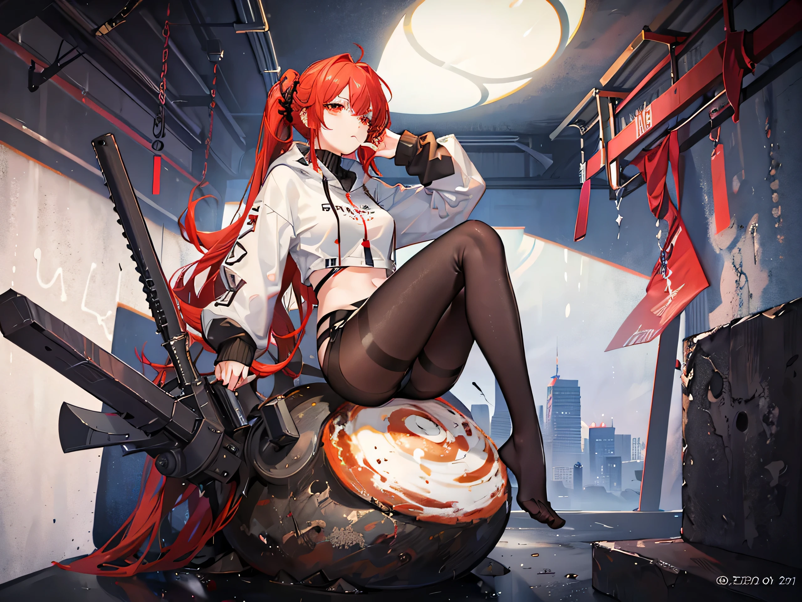1 girl, Redhead, Updo, Streaks of hair on the face, Red eyes, mascara, Oversized hoodie, abdomen, hot pants, tights, laced tights, Sagging under the eyes, Sitting, coffee shop, Ground angle shot, Viewers looking up, feet in tights, Saggy breasts, impact, Raw photo, 8k, masterpiece,