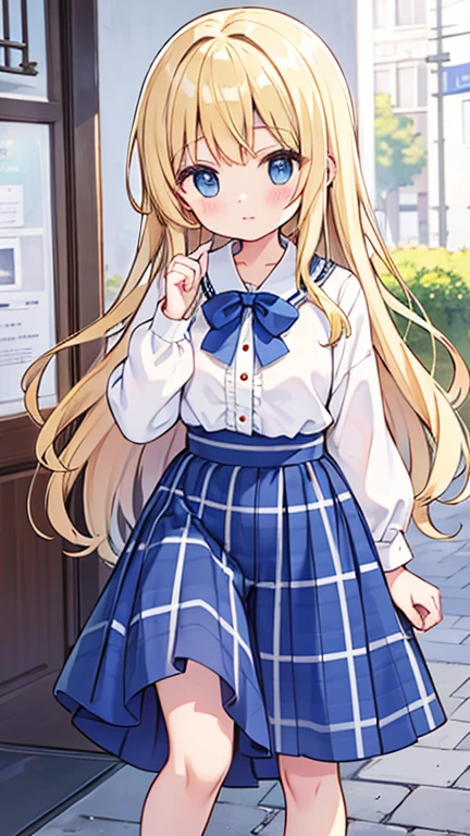 wavy blonde hair、white ruffle blouse、blue checked culotte shorts