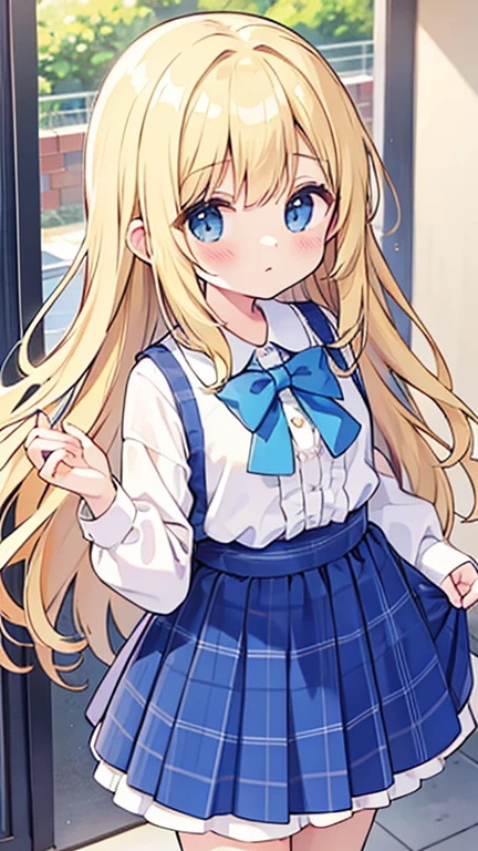 wavy blonde hair、white ruffle blouse、blue checked culotte shorts