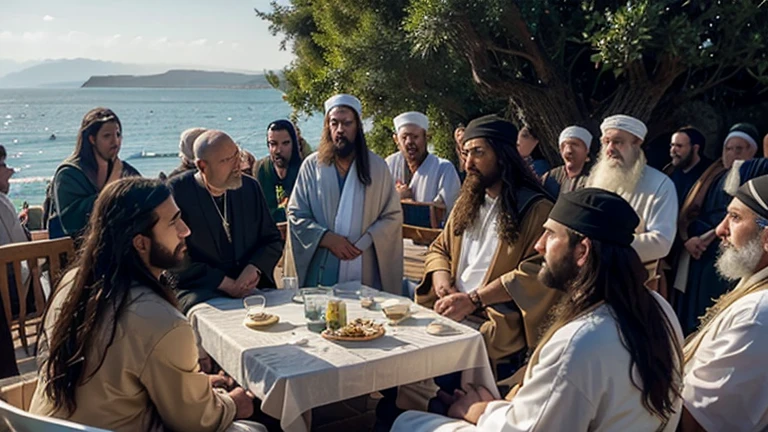 "A vivid and realistic scene depicting Jesus discussing with religious leaders by the shore of the Sea of Galilee. Jesus is at the center, standing or seated in a position of authority, dressed in traditional robes, with a calm but firm expression. He is surrounded by hundreds of listeners, including men, women, and children, all intently focused on the discussion. Among them are many Jewish leaders, such as Pharisees and Sadducees, in their traditional garments of the time, engaging in a heated debate with Jesus. The serene waters of the Sea of Galilee form the backdrop, with gentle waves lapping at the shore and a clear blue sky overhead. The atmosphere is filled with tension and curiosity, as people are deeply engaged in the intense exchange of ideas. Sunlight casts a warm glow on the scene, illuminating the faces of the attentive crowd. The overall composition captures the importance of the moment and the spiritual and intellectual connection between Jesus and his followers. The image size is 16:9, providing a widescreen view of the entire scene."