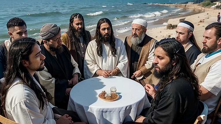 "A vivid and realistic scene depicting Jesus discussing with religious leaders by the shore of the Sea of Galilee. Jesus is at the center, standing or seated in a position of authority, dressed in traditional robes, with a calm but firm expression. He is surrounded by hundreds of listeners, including men, women, and children, all intently focused on the discussion. Among them are many Jewish leaders, such as Pharisees and Sadducees, in their traditional garments of the time, engaging in a heated debate with Jesus. The serene waters of the Sea of Galilee form the backdrop, with gentle waves lapping at the shore and a clear blue sky overhead. The atmosphere is filled with tension and curiosity, as people are deeply engaged in the intense exchange of ideas. Sunlight casts a warm glow on the scene, illuminating the faces of the attentive crowd. The overall composition captures the importance of the moment and the spiritual and intellectual connection between Jesus and his followers. The image size is 16:9, providing a widescreen view of the entire scene."