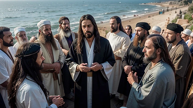 "A vivid and realistic scene depicting Jesus discussing with religious leaders by the shore of the Sea of Galilee. Jesus is at the center, standing or seated in a position of authority, dressed in traditional robes, with a calm but firm expression. He is surrounded by hundreds of listeners, including men, women, and children, all intently focused on the discussion. Among them are many Jewish leaders, such as Pharisees and Sadducees, in their traditional garments of the time, engaging in a heated debate with Jesus. The serene waters of the Sea of Galilee form the backdrop, with gentle waves lapping at the shore and a clear blue sky overhead. The atmosphere is filled with tension and curiosity, as people are deeply engaged in the intense exchange of ideas. Sunlight casts a warm glow on the scene, illuminating the faces of the attentive crowd. The overall composition captures the importance of the moment and the spiritual and intellectual connection between Jesus and his followers. The image size is 16:9, providing a widescreen view of the entire scene."