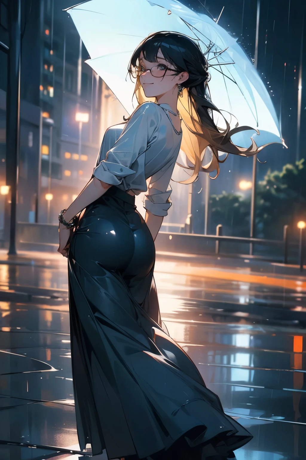 (RAW shooting, Photoreal:1.5, 8K, highest quality, masterpiece, ultra high resolution), perfect dynamic composition:1.2, Night street corner of a modern city, expression of sadness:0.3, (((Typhoon heavy rain))), Highly detailed skin and facial textures:1.2, Slim office lady wet in the rain:1.3, Japanese girl, 22 years old, Fair skin, white skin, sexy beauty:1.1, perfect style:1.2, beautiful and aesthetic:1.1, very beautiful face, water droplets on the skin, blonde hair, bowl cut hair, (rain drips all over my body:1.2, wet body:1.2, wet hair:1.3), ( Wet long skirt:1.2, Wearing wet casual clothes:1.3), (grin, lovelorn, The expression on your face when you feel intense caress, Facial expression when feeling pleasure), (beautiful black eyes, Eyes that feel beautiful eros:0.8), (Too erotic:0.9, Bewitching:0.9), necklace, earrings, bracelet, (wear glasses), (go up the stairs:0.7, View from directly below:0.7), (Look back at the camera:1.4),back, hip,