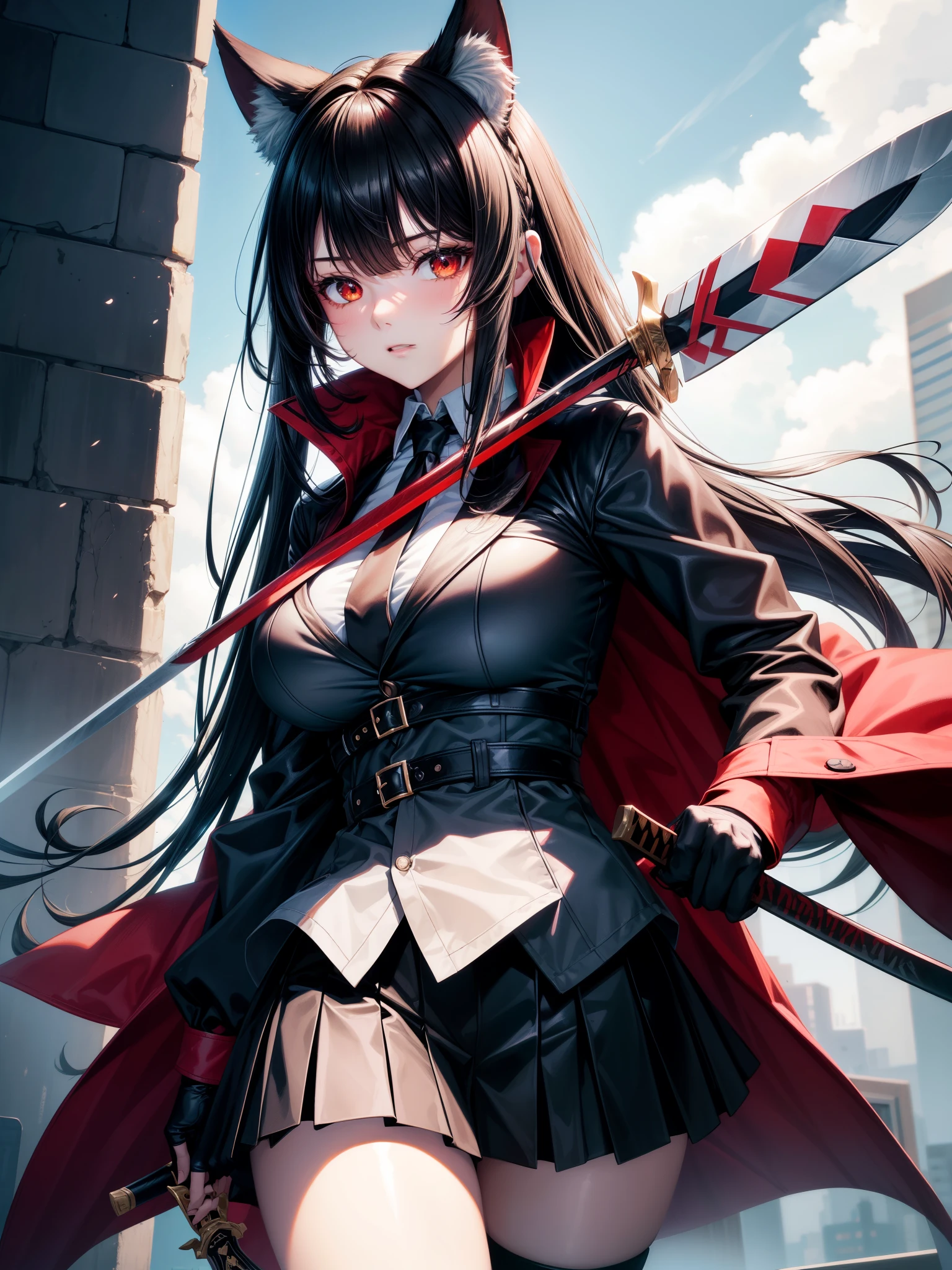 hoshimi miyabi, fox ears, red eyes, black hair, long hair, jacket turquoise color, black skirt, black pantyhose,large breast,(ears hidden behind hair)bangs, blunt bangs,black gloves,fingerless gloves,white shirt, ties, short ties, black ties,holding, holding sword,sword, weapon, Score_9, Score_8_up, Score_7_up, Score_6_up, Score_5_up, Score_4_up, BREAK,1girl in full growth, best quality, masterpiece, ultra-detailed, high quality,good quality,1 girl,(master piece,high resolution, ultra detailed,8K,16K),look at viewer