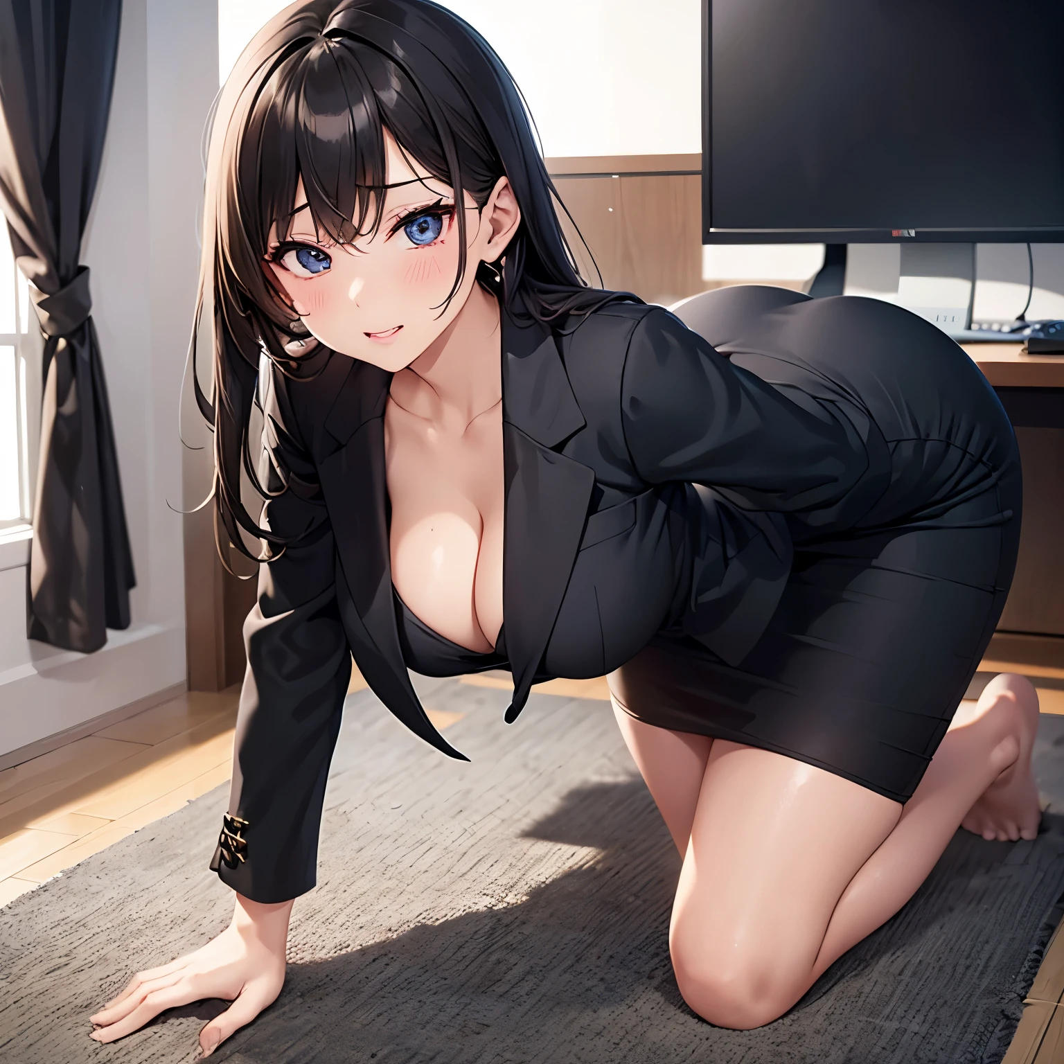 One girl,face up,Black suit,pencil skirt,cleavage:0.5,hob interview suit,all fours,ahegao,sexualclimax:2.0