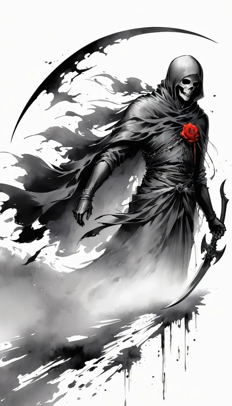 (Anime line drawing:1.5)，grim Reaper，(Black and White:1.45)，Minimalism，(Line Art:1.6)，sketch，charcoal drawing，Black Grim Reaper，Rose，Ominous Red，Blood splatter，sickle