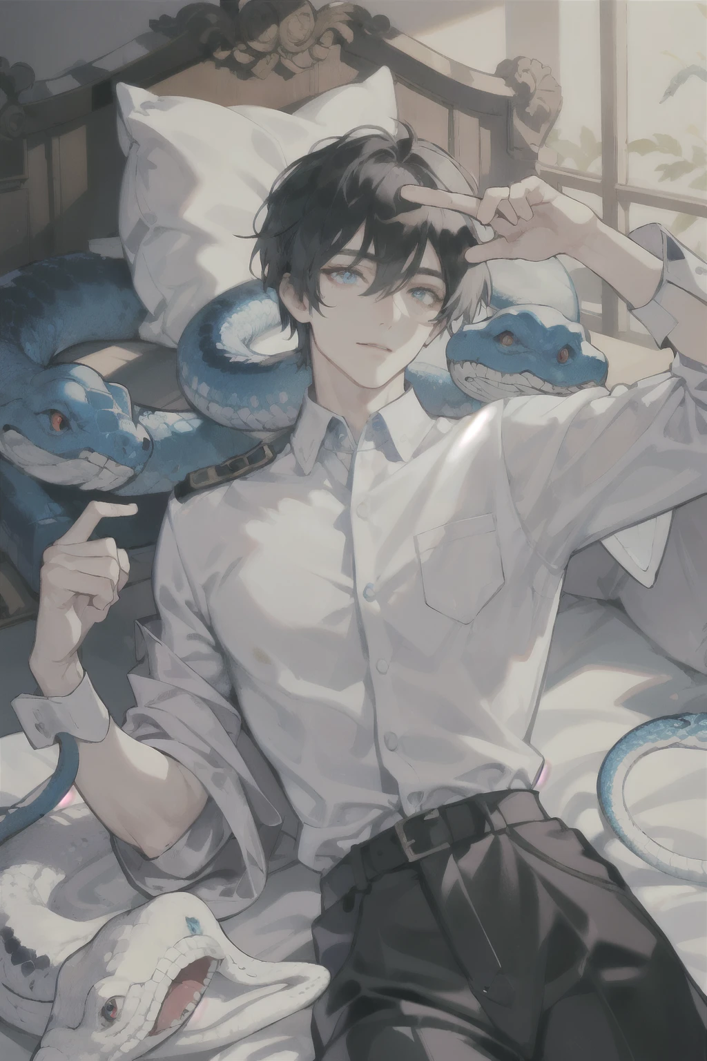 masterpiece, best quality, ultra detailed, (solo man), (male focus), ((Oblong face)), ((Square jawline)), black hair, ((hairs between eyes)), ((shoulder length)), ((narrow blue eye)), fair skin, skinny body, beauty mark, {uniform, outfit, clothes}, dress shirt, (Giving an insincere smile:0.7), (Frolicking with a big albino snake), lying on a bed