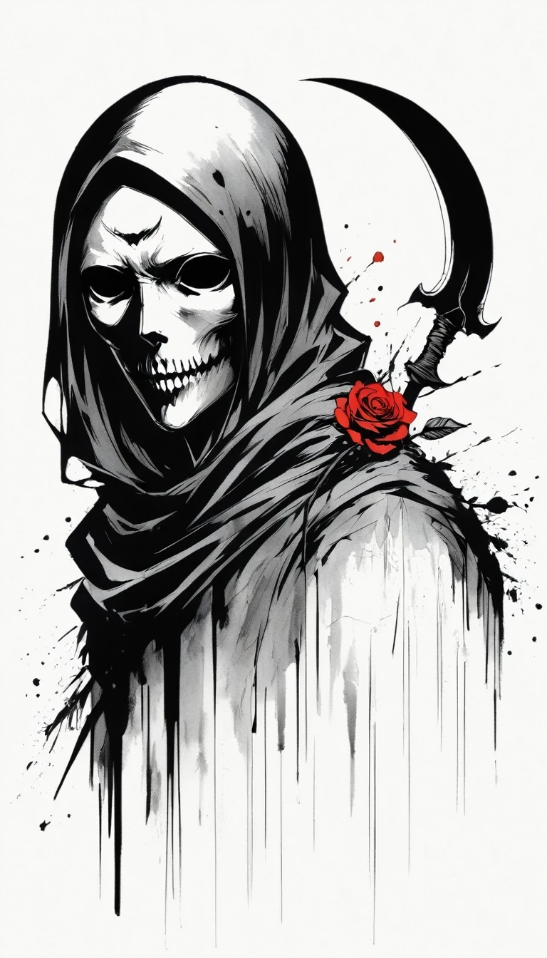 (Anime line drawing:1.5)，grim Reaper，(Black and White:1.45)，Minimalism，(Line Art:1.6)，sketch，charcoal drawing，Black Grim Reaper，Rose，Ominous Red，Blood splatter，sickle