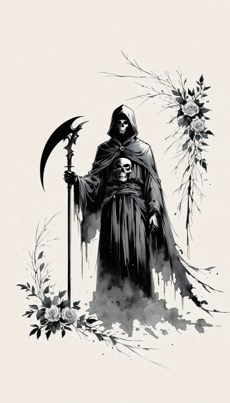 (Anime line drawing:1.5),grim Reaper,(Black and White:1.45),Minimalism,(Line Art:1.6),sketch,charcoal drawing,Black Grim Reaper,Rose,Ominous Red,Blood splatter,sickle