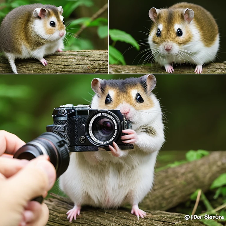 Photographer Hamster:Hamster taking pictures of wild animals with a camera。