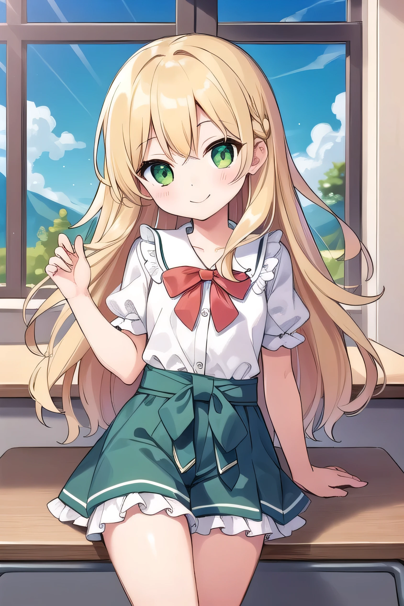 Blonde, elementary school student, green eyes, long hair to the waist, elementary school student, kind smile, short, 9 years old, 135cm tall, hair hanging outside,Frilly babydoll and matching shorts