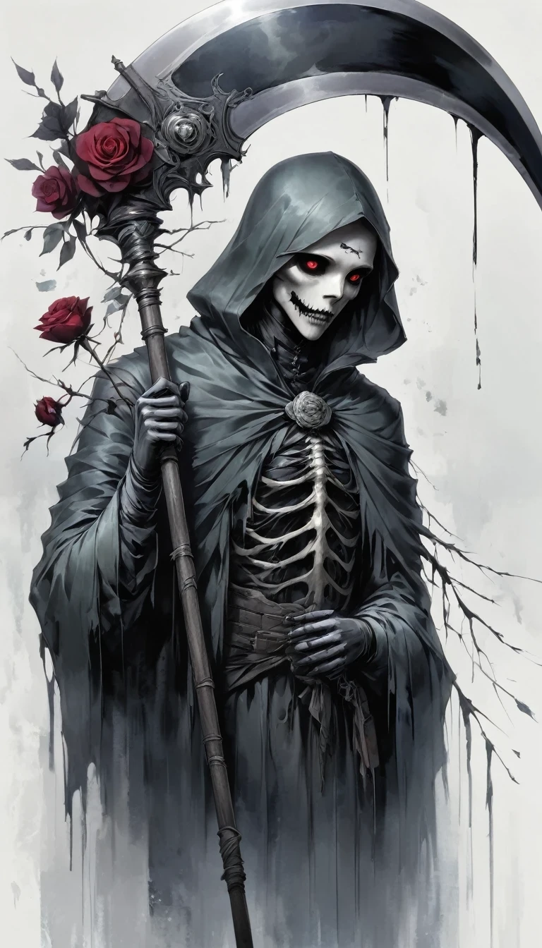 Grim Reaper holding a scythe,Gloomy eyes, Heqiang,Wilted roses,Withered Death,Simplicity,abstract,Gothic,Dark,Undead Bloodborne Art