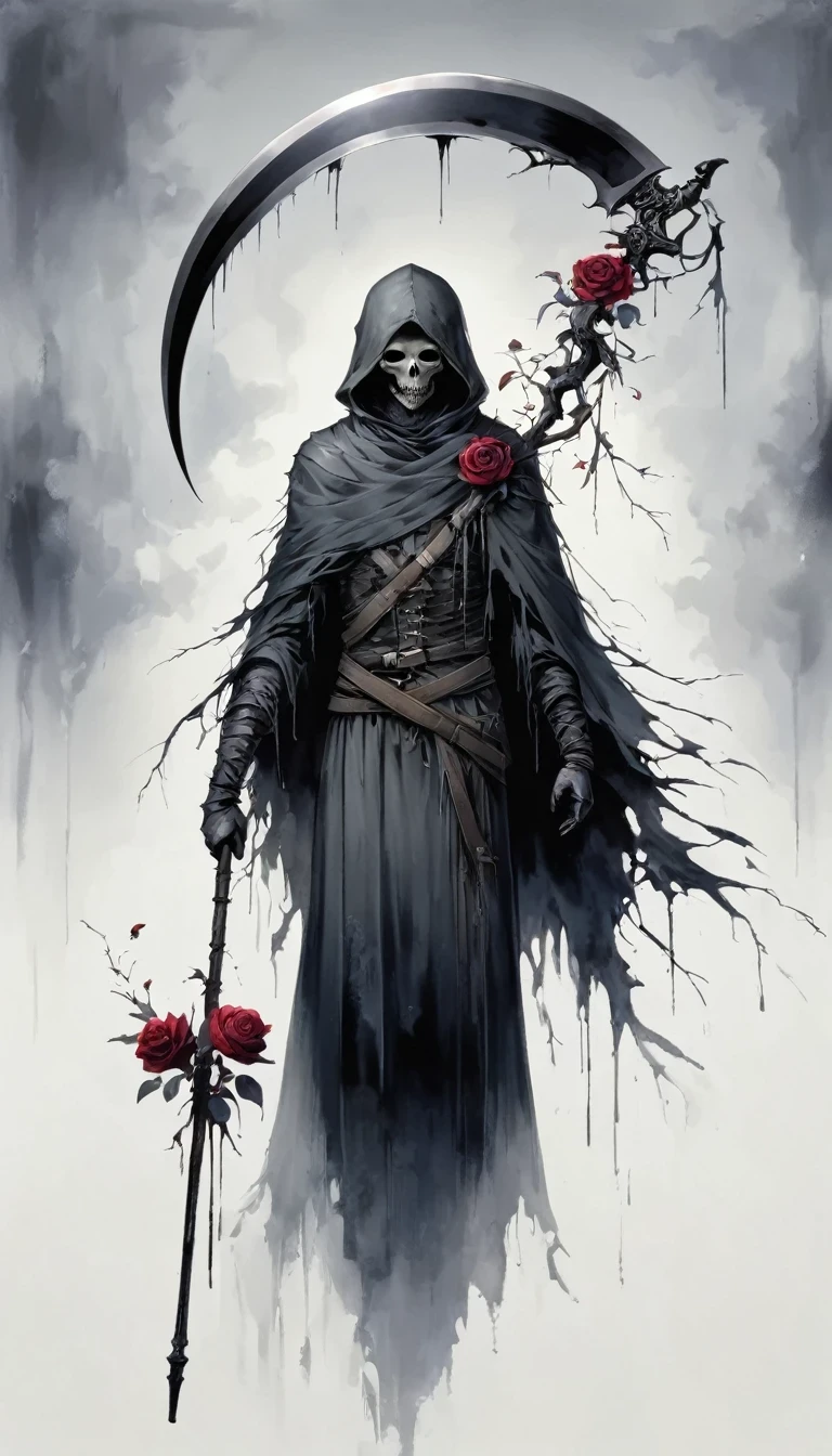 Grim Reaper holding a scythe，Gloomy eyes， Heqiang，Wilted roses，Withered Death,Simplicity，abstract，Gothic，Dark，Undead Bloodborne Art